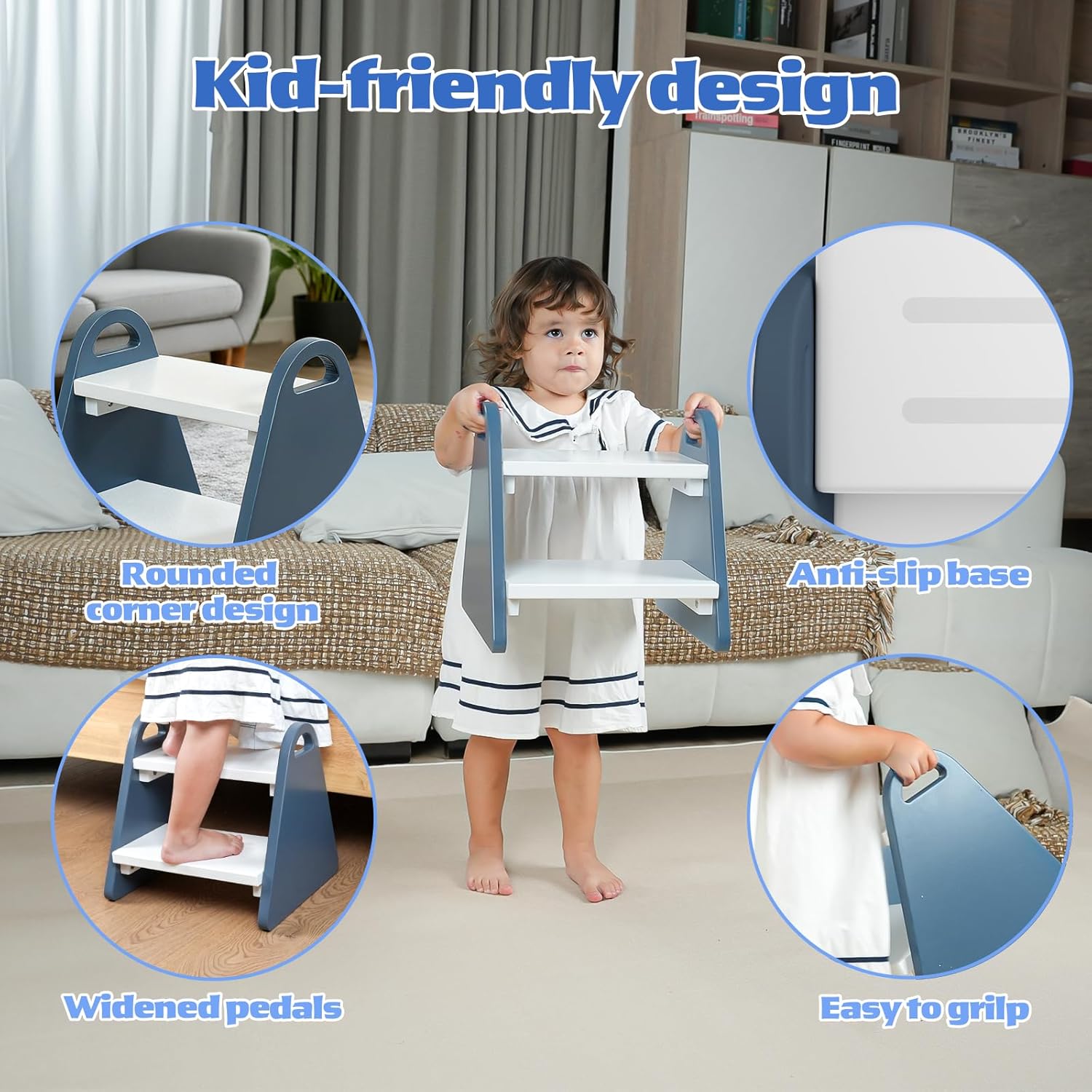 Toddler Step Stool, Wooden Step Stools for Kids, Kids Potty Training Stool with Handles, Rounded Corners Child Stepping Stool for Bathroom Sink, Kitchen, Bedroom (Blue)