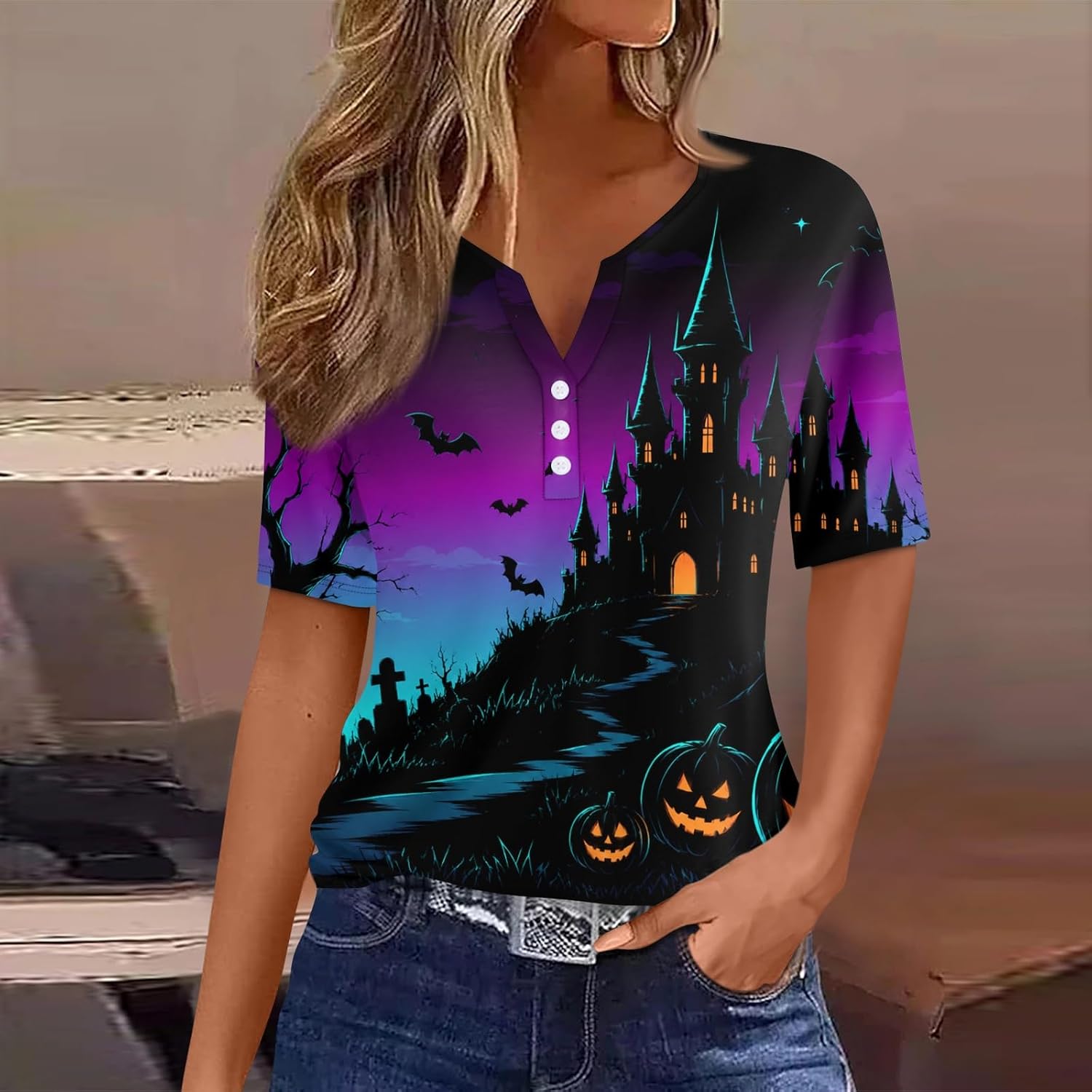 Women's Funny Halloween Graphic Top, Short Sleeve Button V Neck Fall Casual Shirts, S-3XL