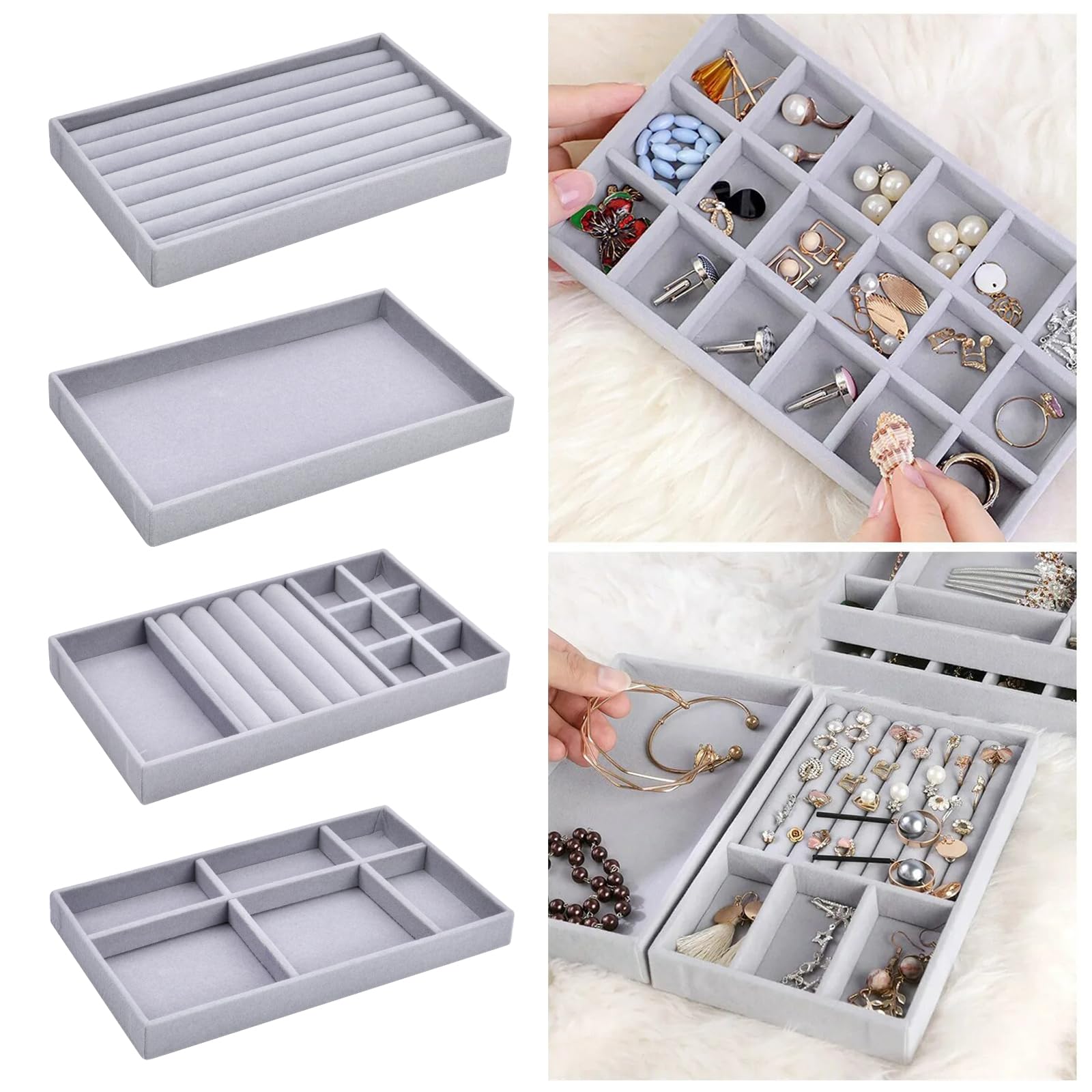 Lot De 6 Plateaux à Bijoux En Velours Gris – Empilables, Amovibles, Pour Ranger Bagues, Colliers, Boucles D'oreilles - 8