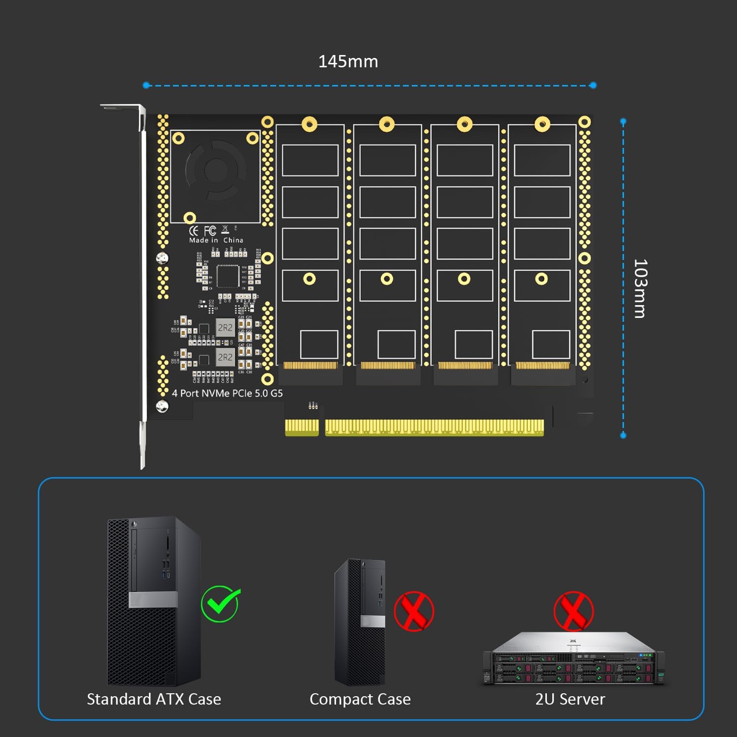 GLOTRENDS PA54 Quad M.2 NVMe to PCIe 5.0 X16 Adapter, Up to 512 Gbps for AMD and Intel Platform RAID Function, Support 2280/2230 Size (PCIe Bifurcation Motherboard is Required)