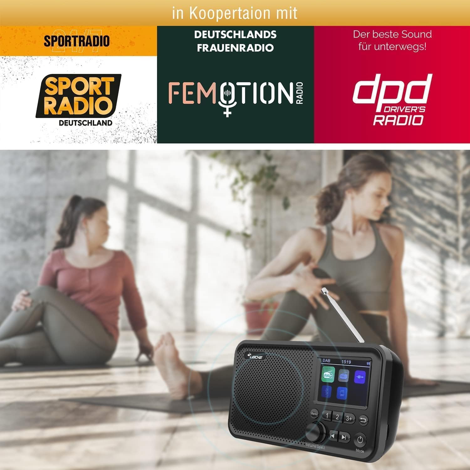 LEICKE Radio portátil Dab+ con Bluetooth 5.0, Radio Dab/Dab+ y FM, Pantalla a Color de 2,4 Pulgadas, Radio de Cocina con Cable, batería de 2000 mAh, conexión MicroSD/TF/AUX, Funciones de Alarma 3