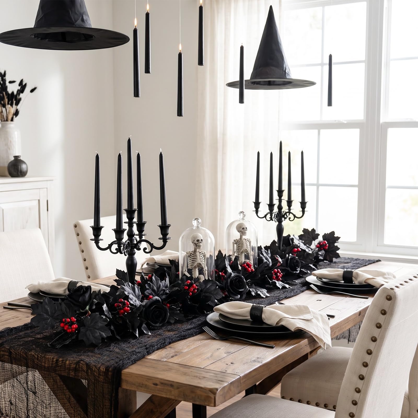 4 Pezzi 1,7 m Ghirlanda Halloween Nera con Foglie Autunnali e Rose