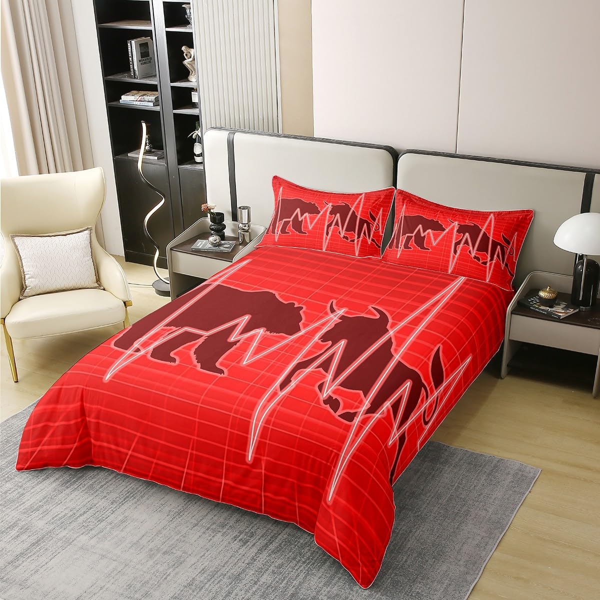Manfei 100% Cotton Bear and Bull Silhouette Duvet Cover,Nature Wild Animal Fight Comforter Cover(No Filler),Geometric Neon Red Plaids Heart Waves Patchwork Decorative Quilt Cover,3Pcs Full Size