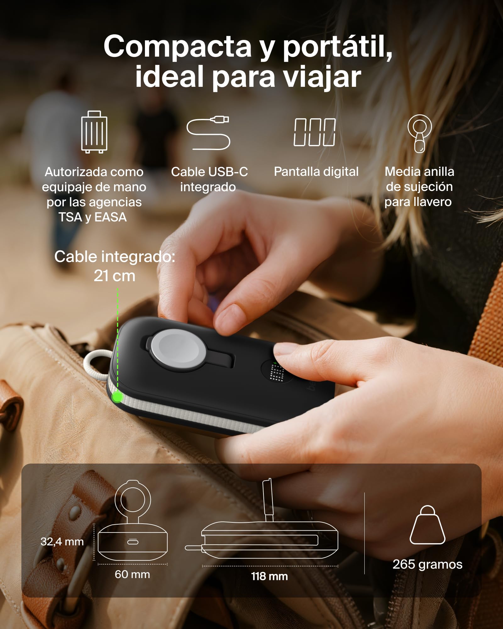 Belkin BoostCharge Pro Batería Externa Carga Rápida 10000mAh, Power Bank Cargado, para Apple Watch, Batería Portátil con Cable USB C Trenzado y Pantalla, 45W, Cargador Portátil, 3 Dispositivos, Negro