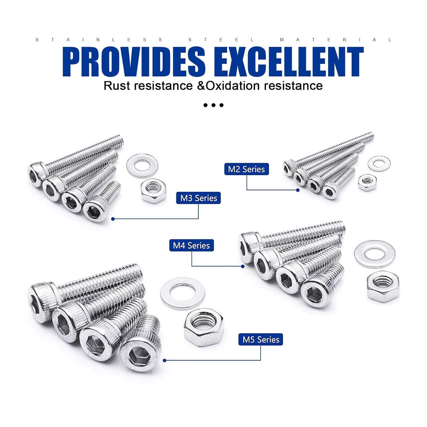 NINDEJIN M2 M3 M4 M5 Hex Socket Cap Screw Machine Screws Assortment Kit, Metric Screws with Nut and Washer & Wrench (580pcs+880pcs, 304 Stainless Steel)