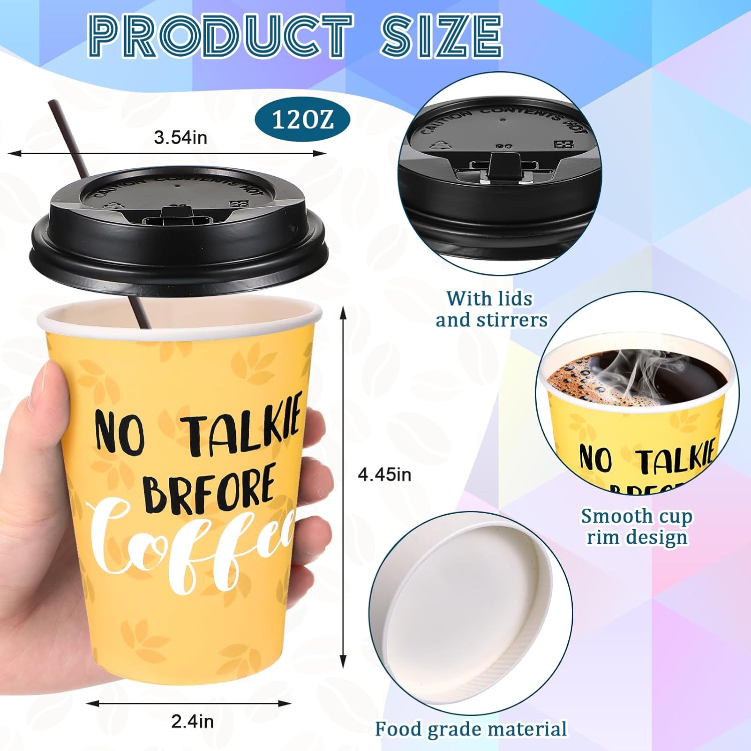 Gerrii 100 Pack Disposable Coffee Cups with Lids and Straws, Motivational Paper Cups with 6 Quotes and Designs Disposable Hot Cups for Water, Juice, Coffee, Tea, Home, Shop Cafe(Stylish Style, 16 oz) - Image 4