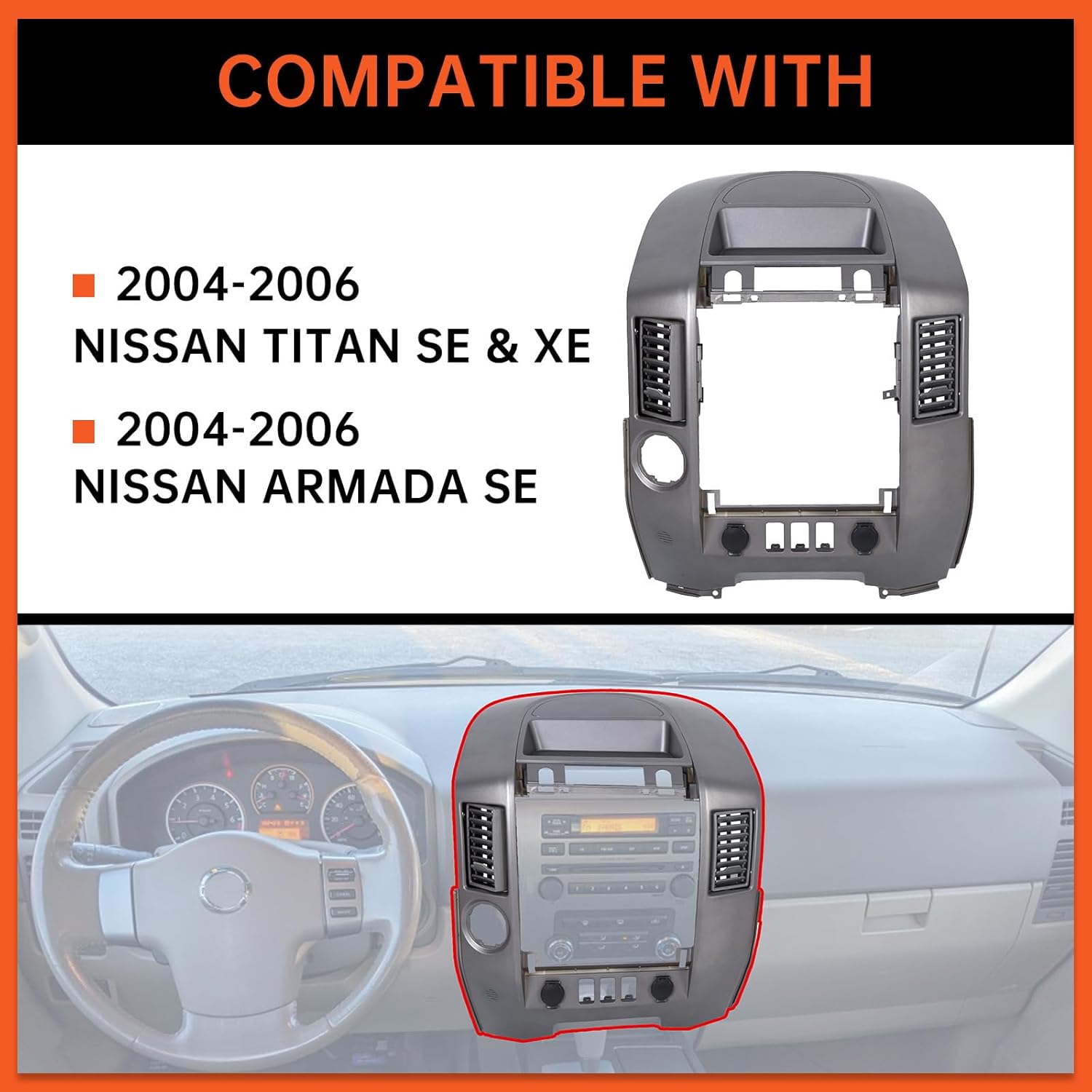 ECOTRIC Center Dash Instrument Panel Lid Compatible with 2004 2005 2006 Nissan Titan XE SE Armada SE Replace For 682578S800 (Clips Included Silver Gray W/o Speaker Bezel)