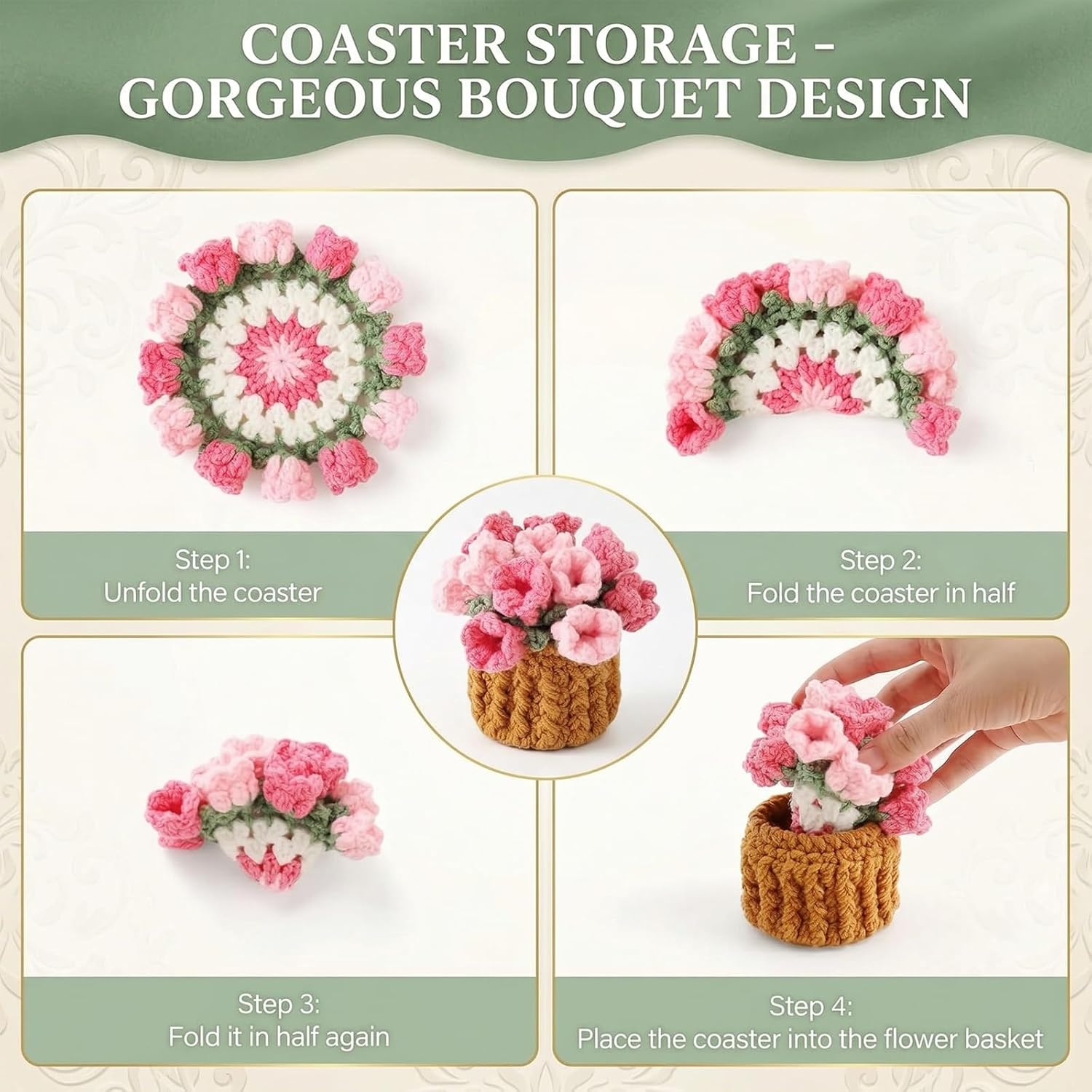 Crochet Flower Coaster with Plant Pot Holder, Pink Bouquet Coaster image 3