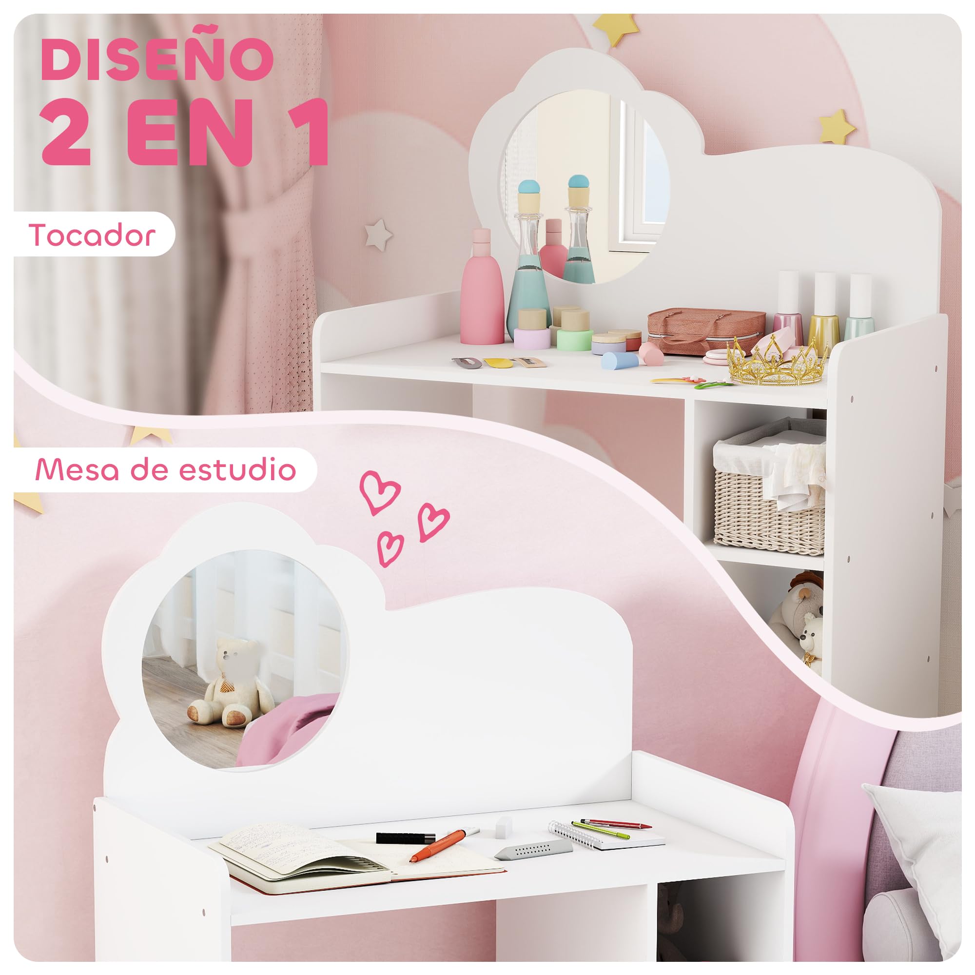 AIYAPLAY Tocador de Maquillaje Niña, 2 en 1, Escritorio, Tocador Infantil con Taburete, Espejo en Forma de Flor, Estantes Abiertos, para Niños +3 Años, Blanco