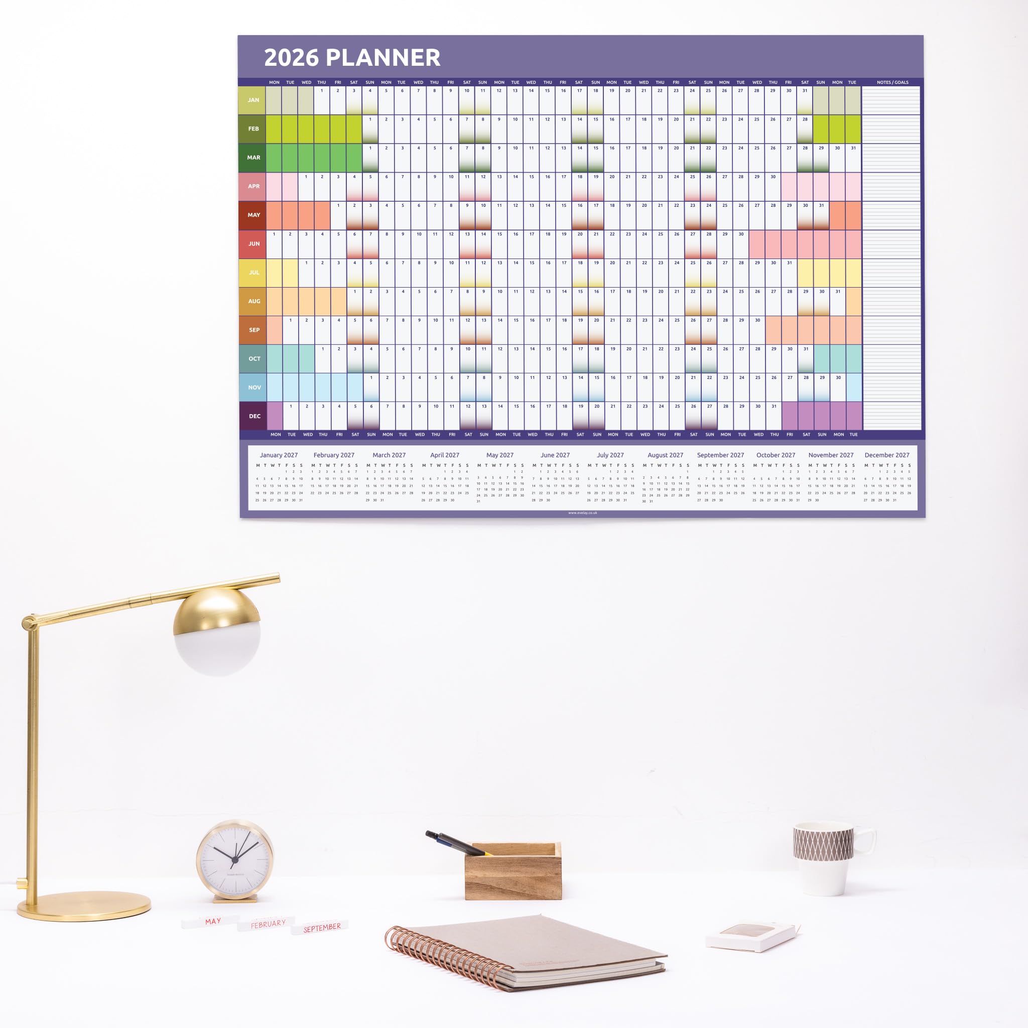 Planificador de pared A1 2026 UK – Calendario de vista anual completo para el hogar, oficina, escuela, profesor, 84 cm x 59 cm, gran tabla de pared anual familiar (arcoíris)