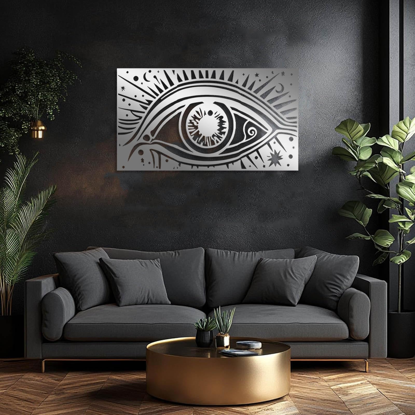 Wielka abstrakcyjna metalowa sztuka ścienna Mystical Eye Art, złe dekoracje, nowoczesna dekoracja wisząca do salonu sypialni (złoty, 30 x 17 cali/76 x 43 cm)
