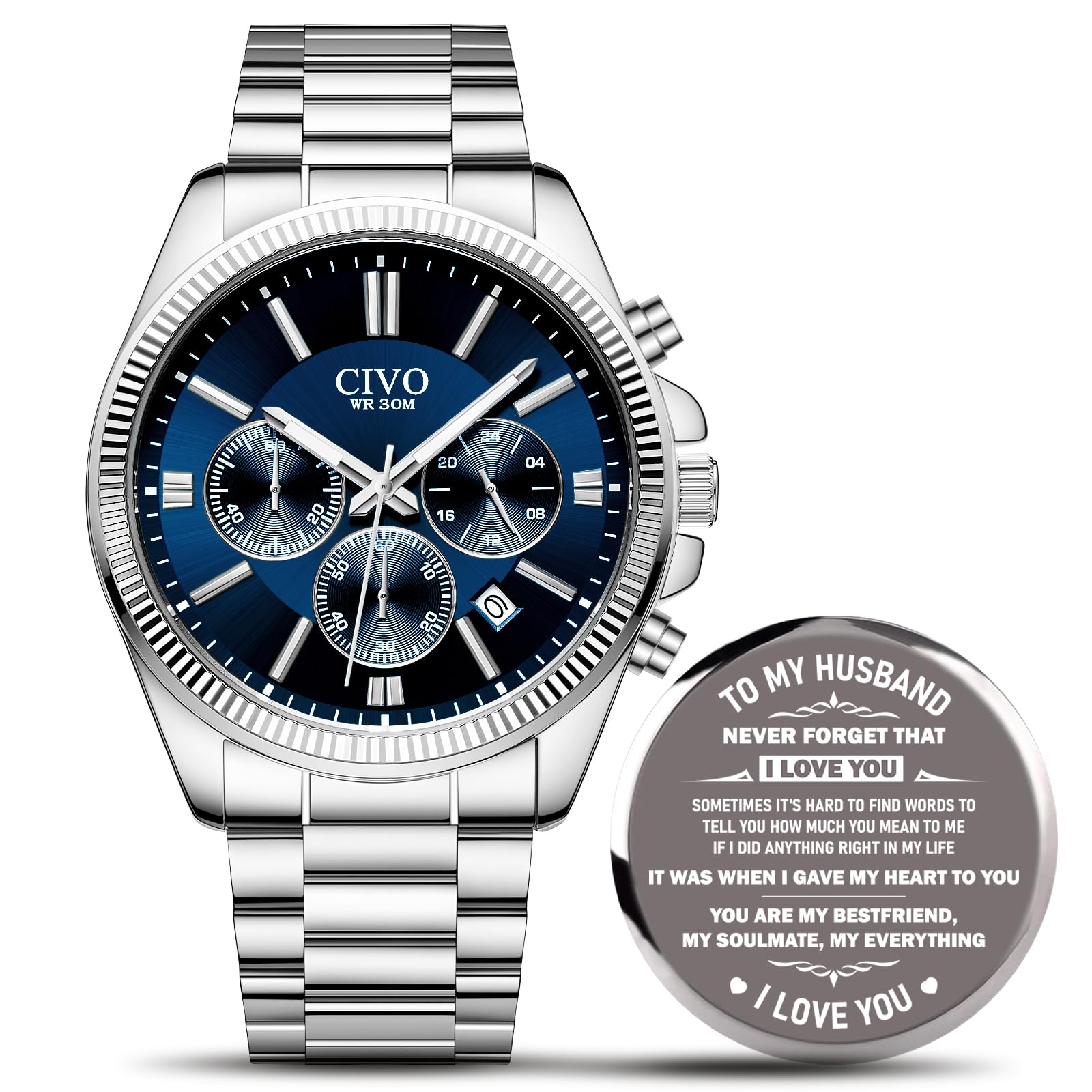 CIVO Uhren Herren Edelstahl Chronograph Silber Armbanduhr Herren mit Datum - Wasserdicht Quarz Uhr Mode Casual