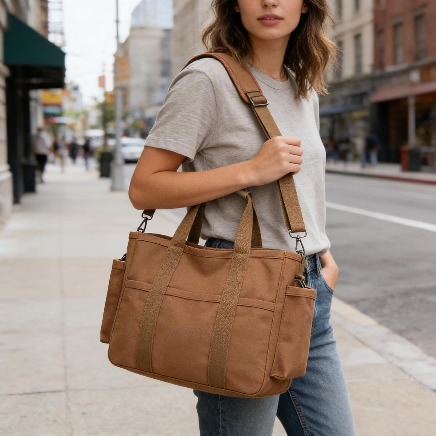 Eagerrich Canvas Crossbody Tote Bag with Multi Pockets for Women Work image 2