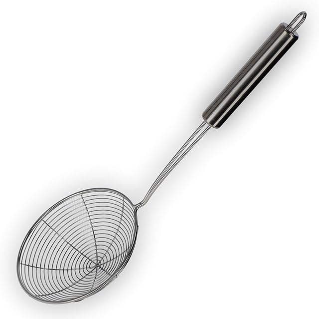 KADAX Slotted Ladle, Small Duplication, Long Handle, Straining Spoon, Slotted Spoon, Ladle, Spider Spoon, Strainer, Blanching Lifter, Skimmer Ladle, Mesh Spoon (silver, diameter 16 cm)