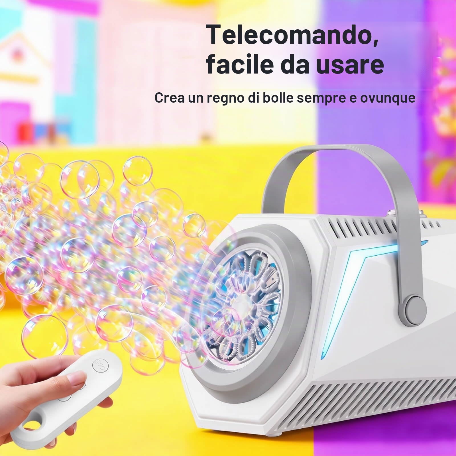 Macchina Bolle con Telecomando – Rotazione Auto 150°, 10 Fori 7000+ Bolle, Luce RGB, Batteria 1800mAh Type-C, Grande Serbatoio – Per Matrimonio, Compleanno, Festa all'Aperto