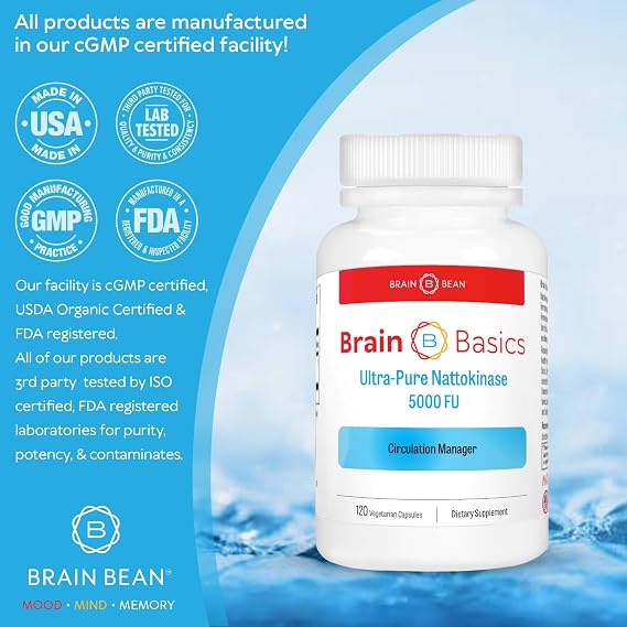 Brain Basic Ultra-Pure Nattokinase 5000 FU 120 Capsules - Natural Blood Circulation Support with Highest Potency Available Non-GMO, Vegan, Gluten Free