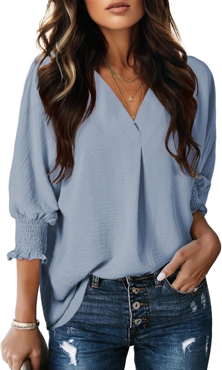 Dokotoo Women Blouses Dressy Casual 3/4 Length Sleeve Womens Tops V Neck Collared Shirts Business Work Blouse