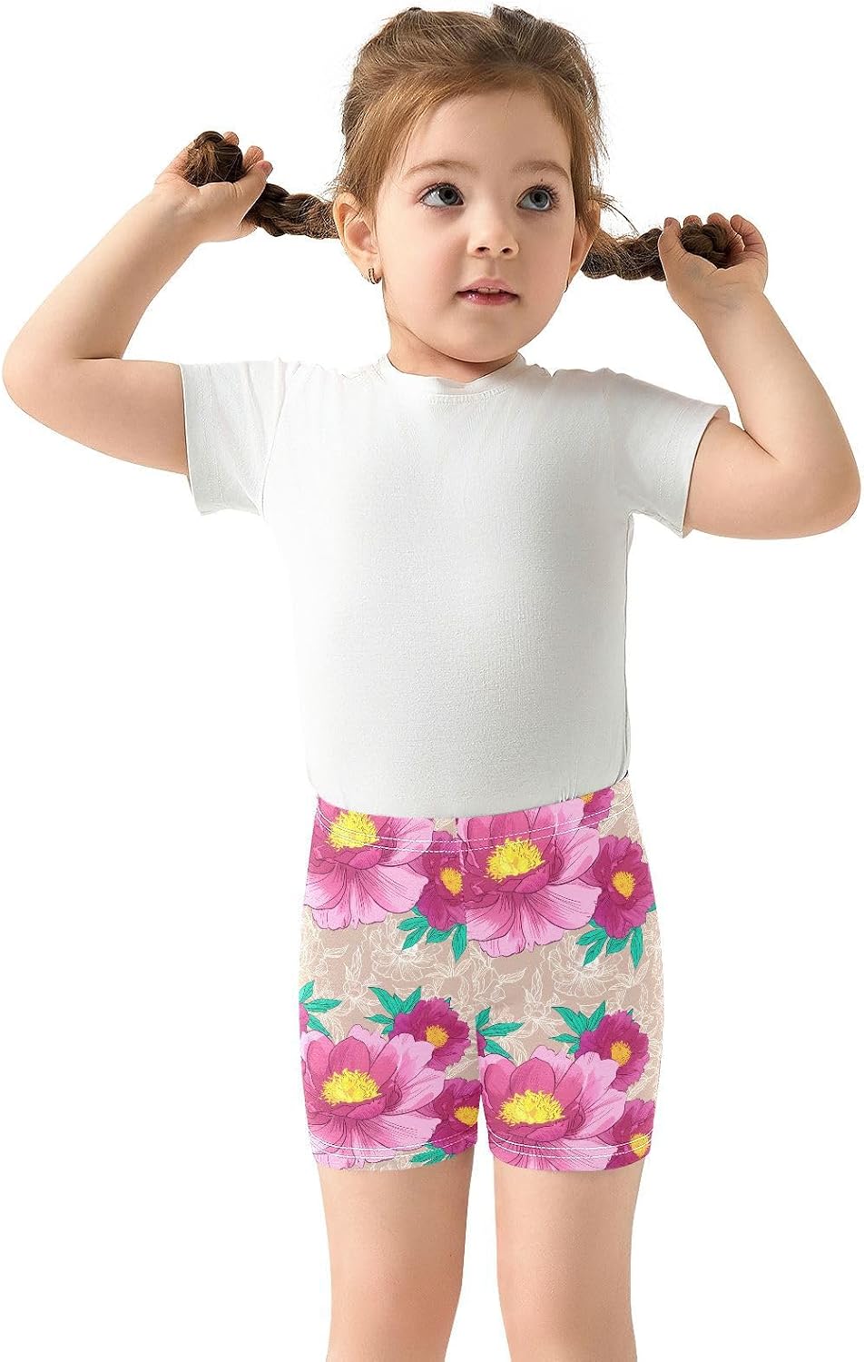 Pink Flower Leaves Beige Girls Bike Shorts Toddler Soft Cotton Under Dress Dance Shorts