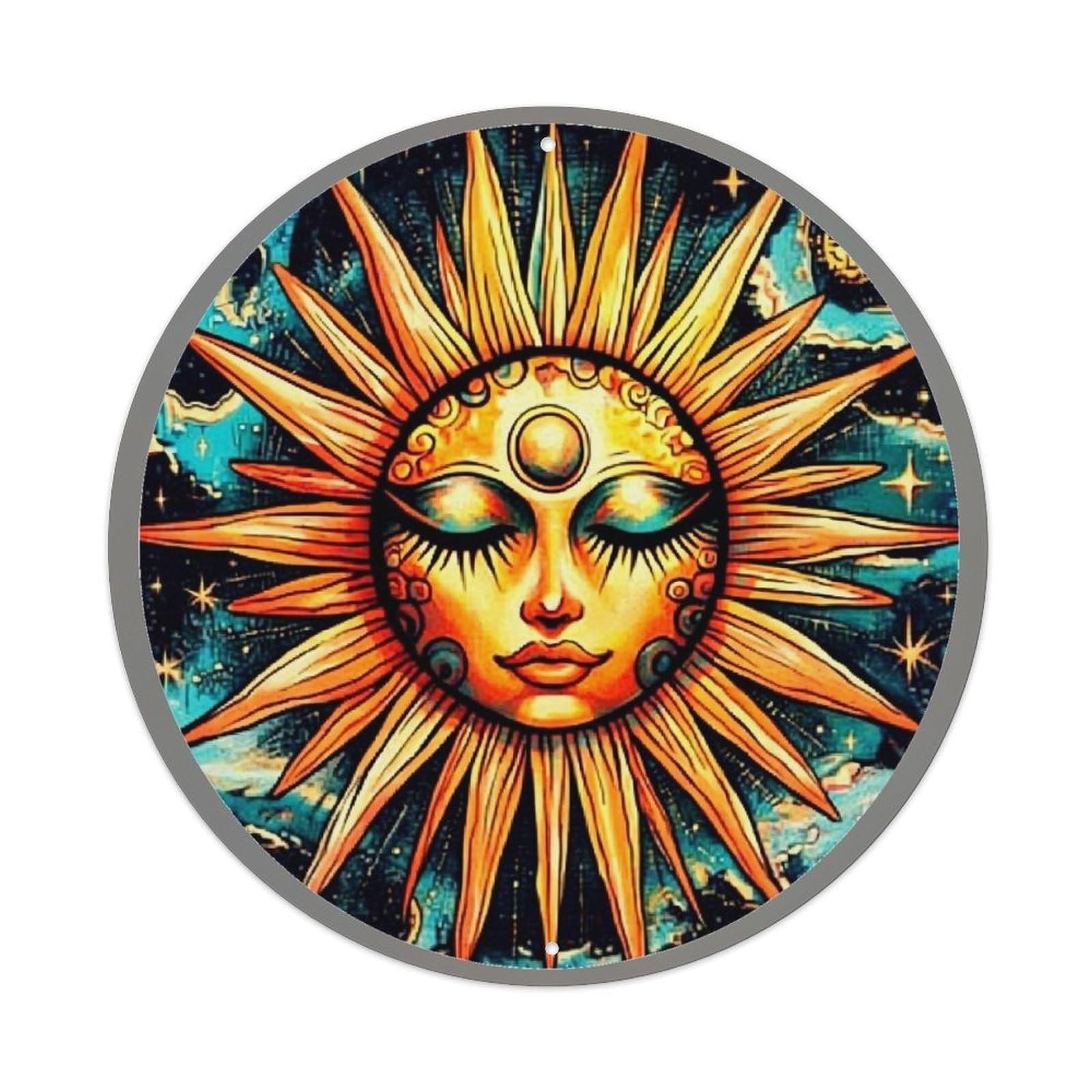 Sun Face With Radiant Rays Round Metal Tin Sign Vintage Wall Decor, Bar Garage Cafe Kitchen Home Wall Art Poster 8x8inches