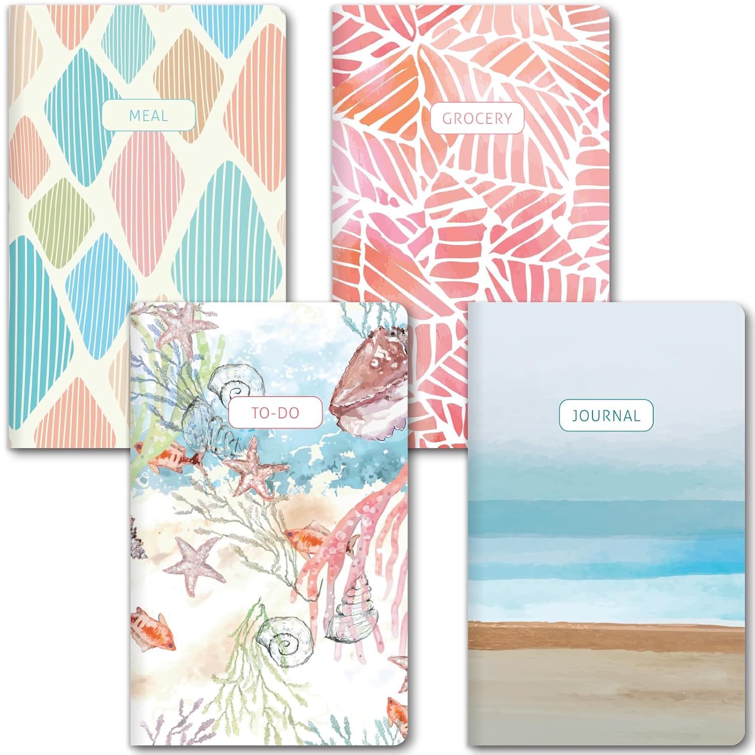 Elan Publishing 4-Pack 5” x 8” Notebooks – Journal, To-Do List, Meal Planner, Grocery List – Stylish Saddle-Stitched Printed Paper Covers for Everyday Use - Beach      Unknown Binding – Notebook
