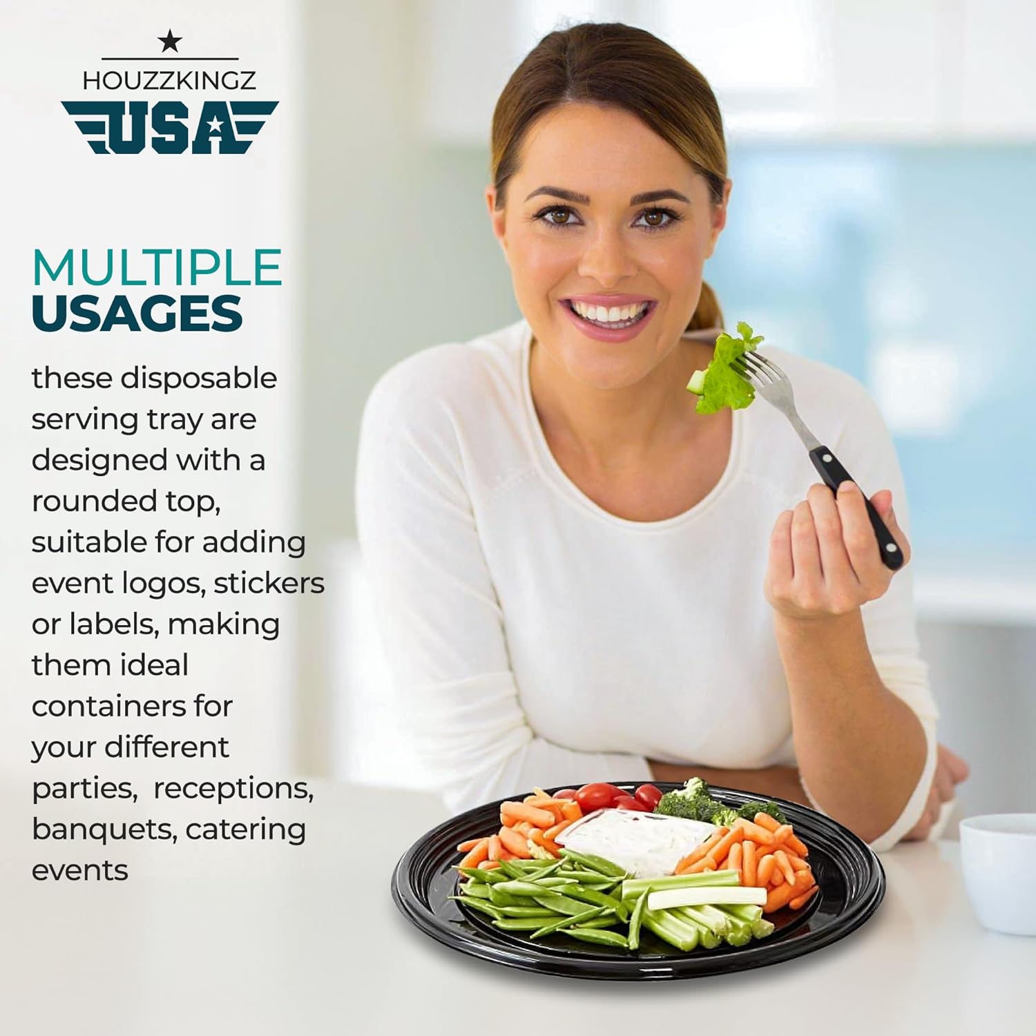 12" Catering Trays with Lids [10 Pack], Black Serving Tray with Clear Lid, Plastic Disposable Round Party Trays and Platters, Flan Containers with Lids, Dessert Sandwich Cookie Food Trays for Parties