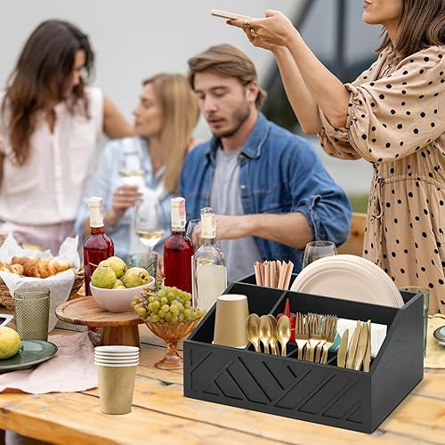 Miniatura 10 de Dispensador de platos de papel, soporte de platos de papel para encimera de cocina, organizador de cubiertos rústico de madera, caja organizadora de