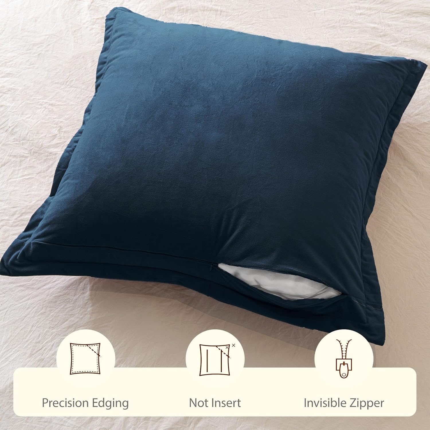 Pillow Covers 26x26 Set of 2 Quilted Square Euro Sham Soft Velvet Pillowcases with Invisible Zipper for Sofa Bed Living Room,Blue