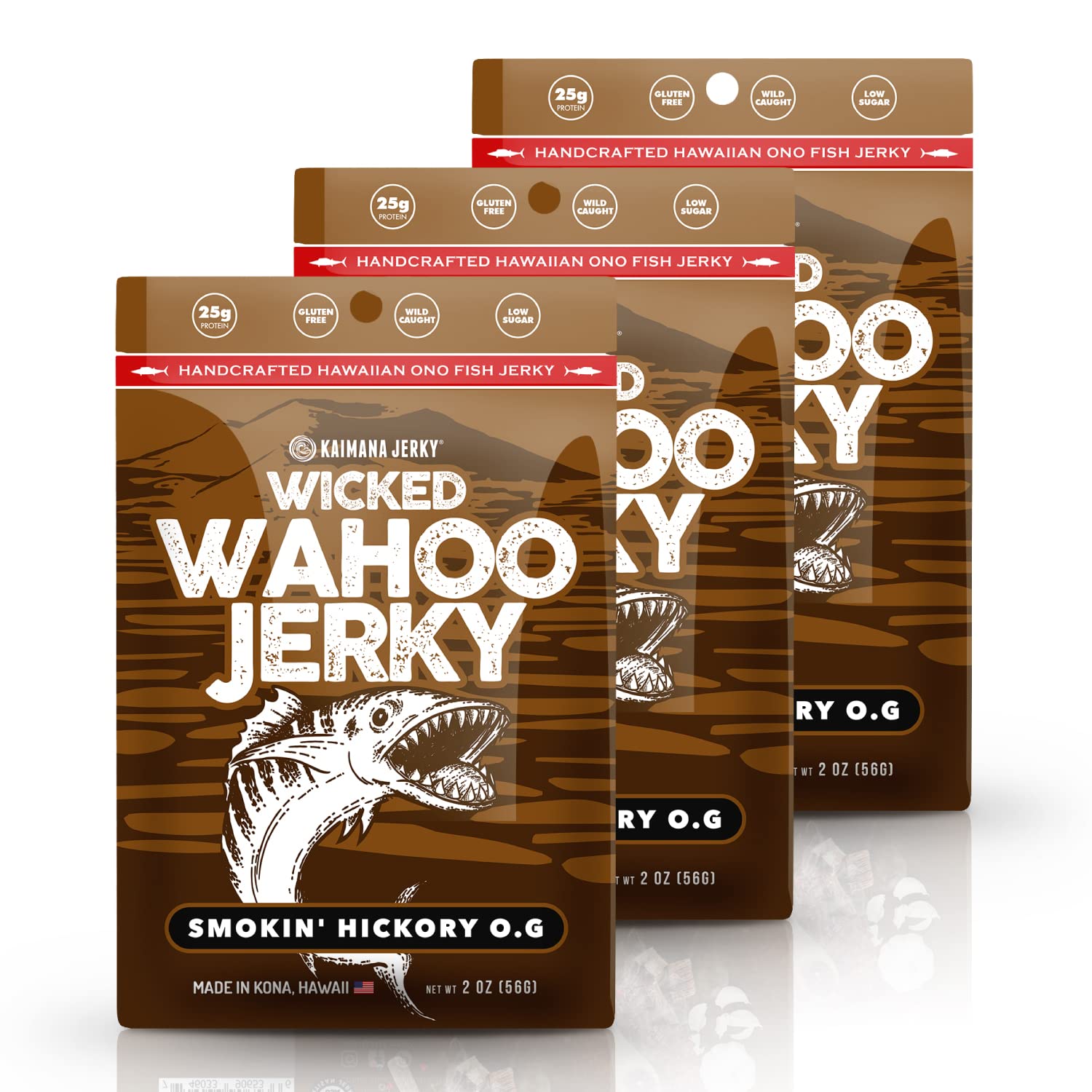 Smokin' Hickory O.G. Wahoo Ono Fish Jerky - Smoky Umami Flavor - Artisan Crafted, Organic, Omega-3 Rich, Low-Calorie, Low-Sodium & Low-Sugar, 2oz (Pack of 3)