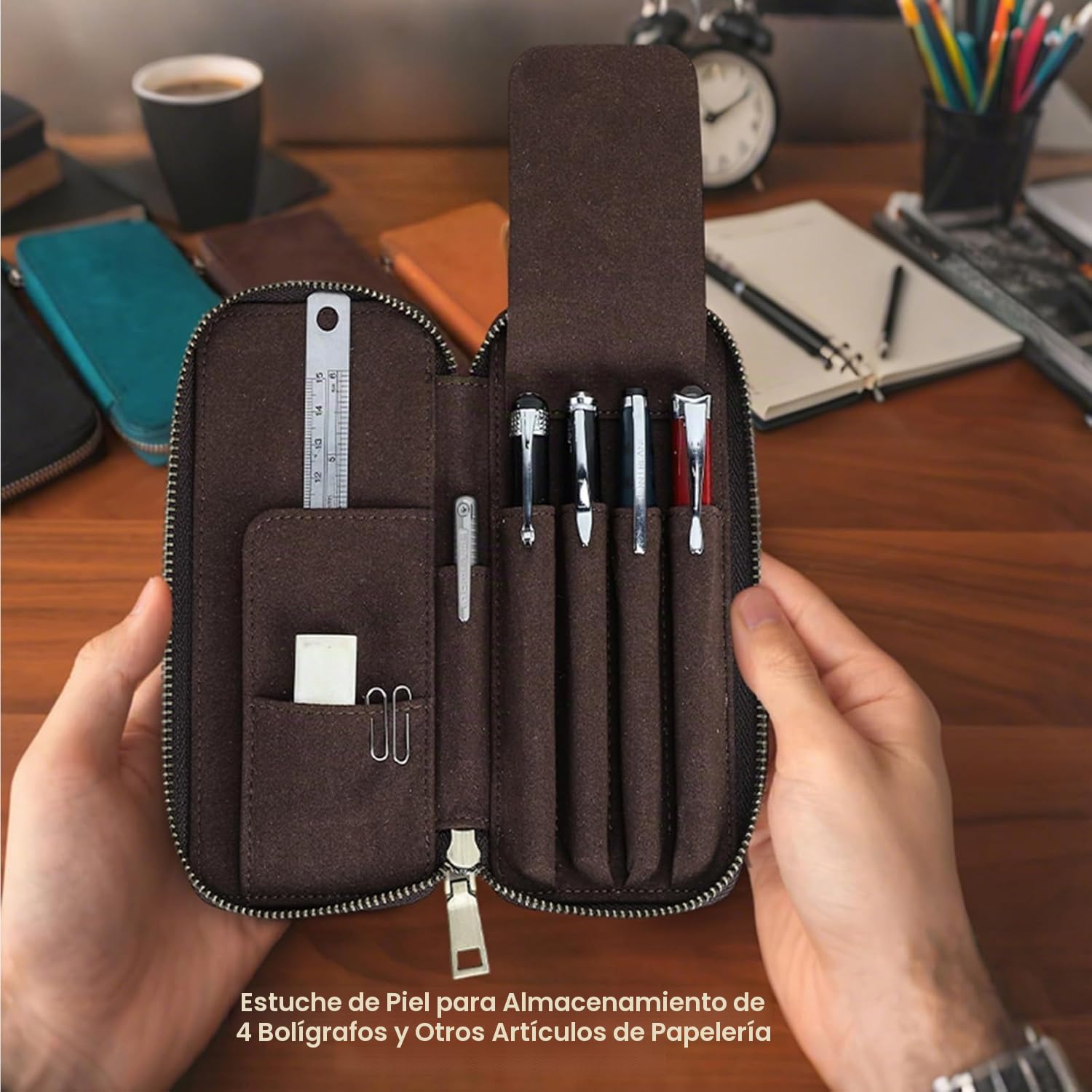 Contacts Estuche de piel auténtica hecho a mano, soporte vintage para bolígrafos, funda protectora para viajes, elegante accesorio de escritorio, caja organizadora de lápices, marrón oscuro, 19 cm x