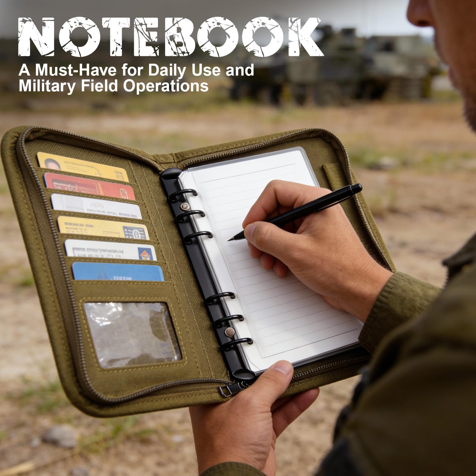 Military Padfolio Ring Binder with Zippered, Waterproof Tactical Notebook with 45 Sheets, Army Military Notebook Cover for Out-Work, Detachable 6-Ring A6 Binder, Khaki - Image 4