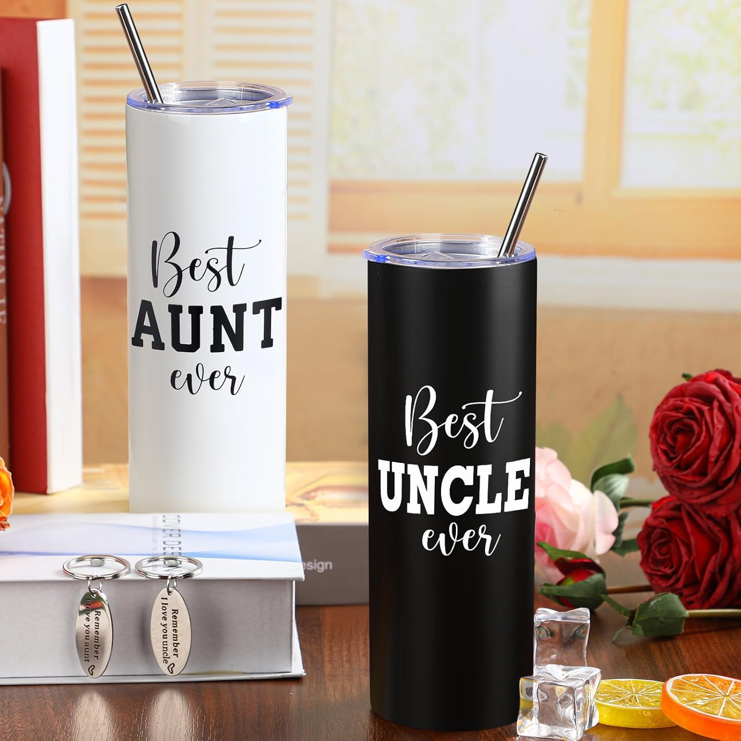 Sliner 2 Set Aunt and Uncle Gifts Include 20oz Black and White Travel Tumbler with Lid Straw and Keychain for Aunt Uncle Appreciation Birthday Wedding