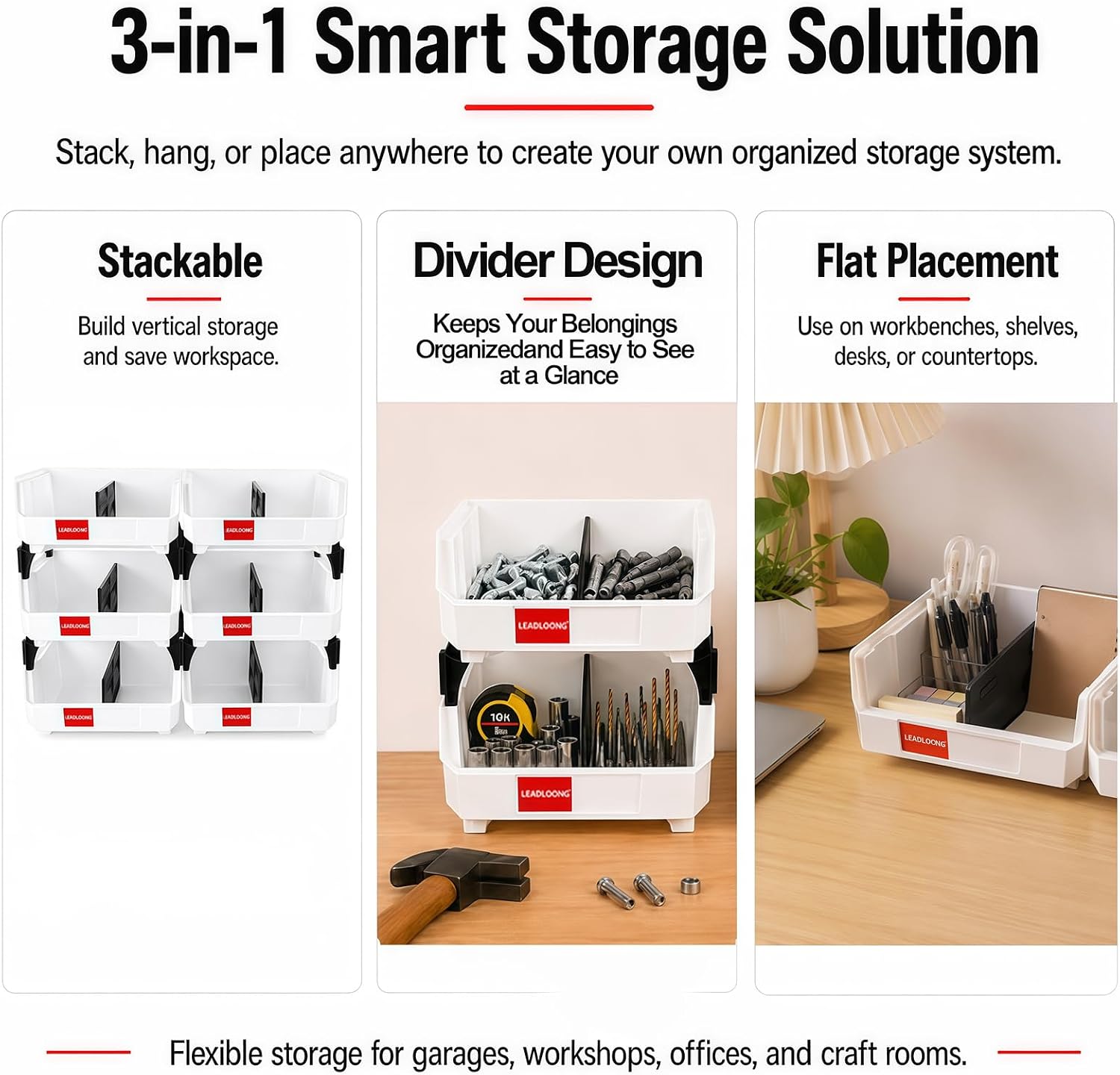 6 Pack Stackable Storage Bins Heavy Duty Parts Organizer White image 5