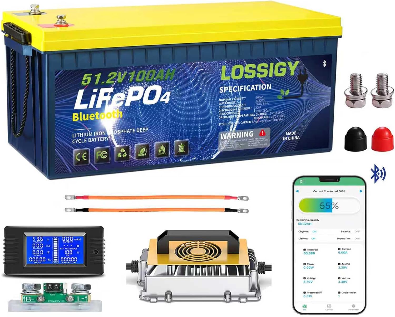 LOSSIGY 24V 100AH Bluetooth Lifepo4 Battery with 29.2V15A Smart Battery Charger,，2560W Deep cycle Lithium Battery，Peak Current 400A,Prefect for RV, trolling motor, Solar System, Marine, Boat