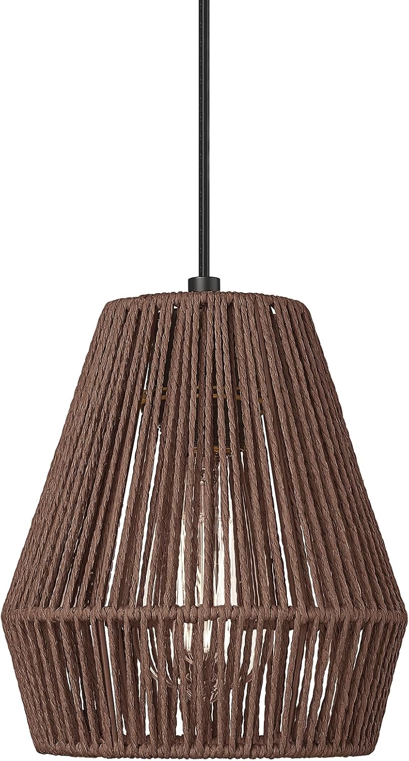 ELYONA Woven Pendant Lights 7” Rustic Rattan Hanging Lamp Adjustable Handwoven Basket Shade Boho Pendant Light Fixtures for Kitchen Island Dining Room Bedroom Farmhouse Bar Foyer Hallway Dark Brown