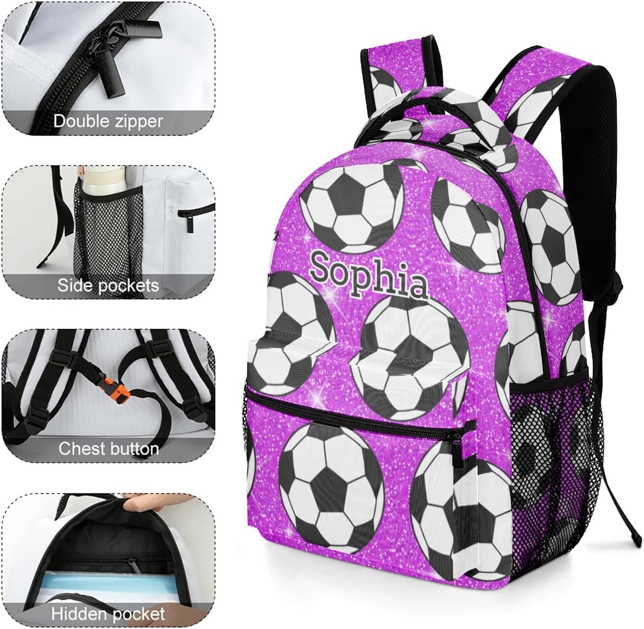 Soccer Ball Hot Pink Printing Backpack Personalized Book Bag Sport Casual Hiking Camping Pack with Name
