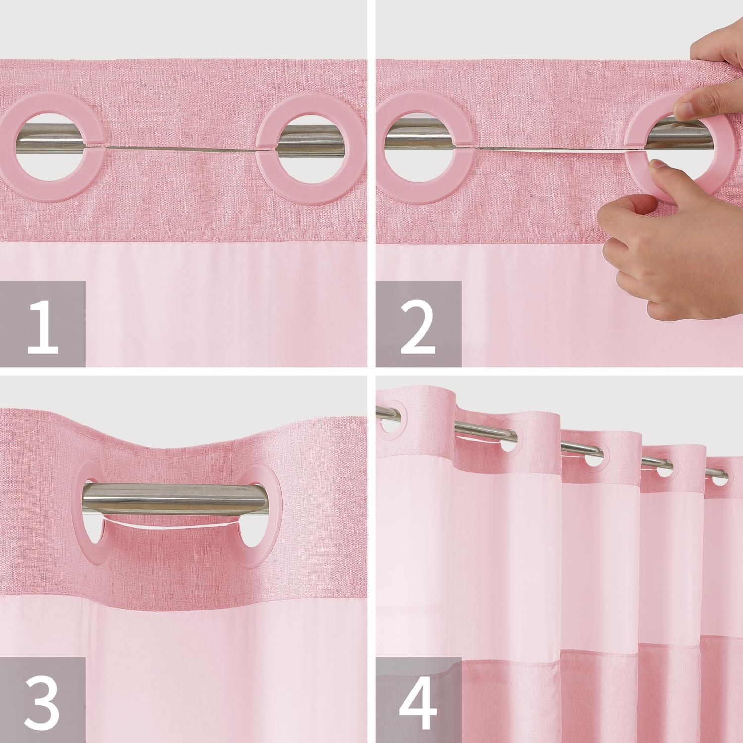 Long No Hooks Needed Linen Textured Shower Curtain with Snap-in Fabric Liner Set,Hotel Luxury Decor Shower Curtains for Bathroom,Waterproof & Washable,71Wx80H,Pink