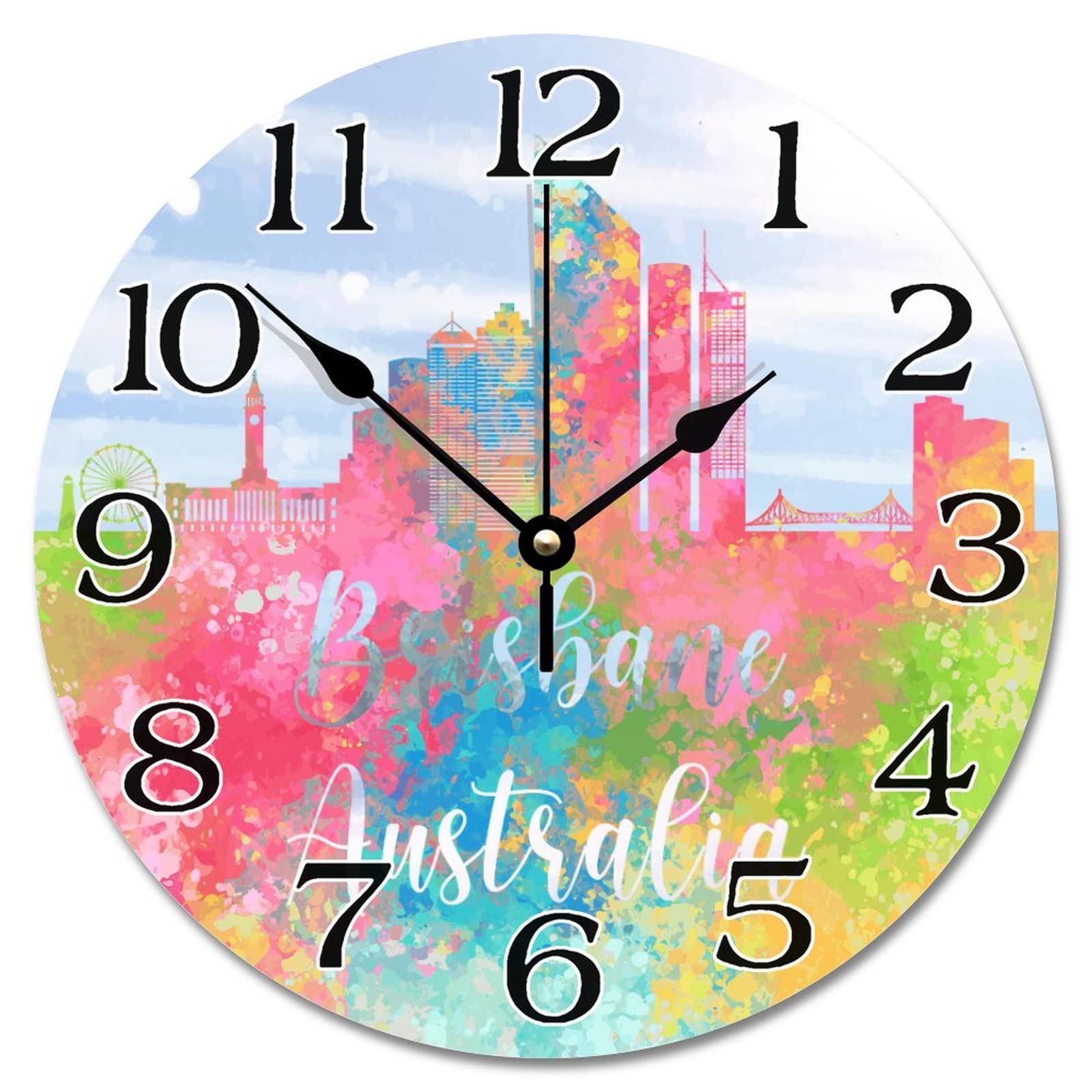 Guangpat Australia Brisbane Skyline Silhouette Wall Clock Painted Brisbane Cityscape 12 Inch Wooden Wall Clocks Battery Operated Time Clock Modern Home Decor for Kitchen Living Room Bedroom