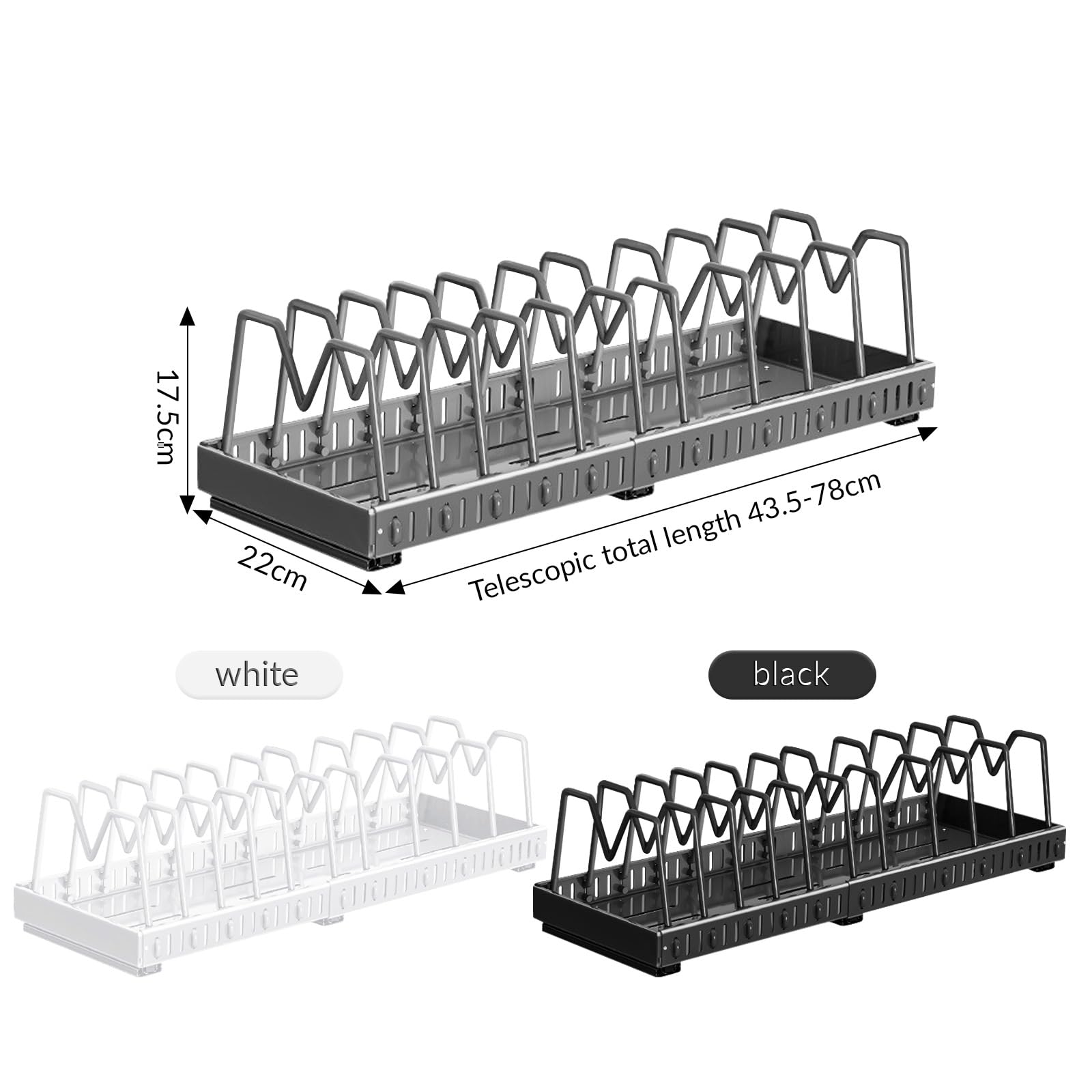 Organizador de tapas para el interior del armario, organizador de tapa de olla expandible con 10 separadores ajustables, extensión y contracción, longitud total de 43,5 a 78 cm (gris, 10 divisores)