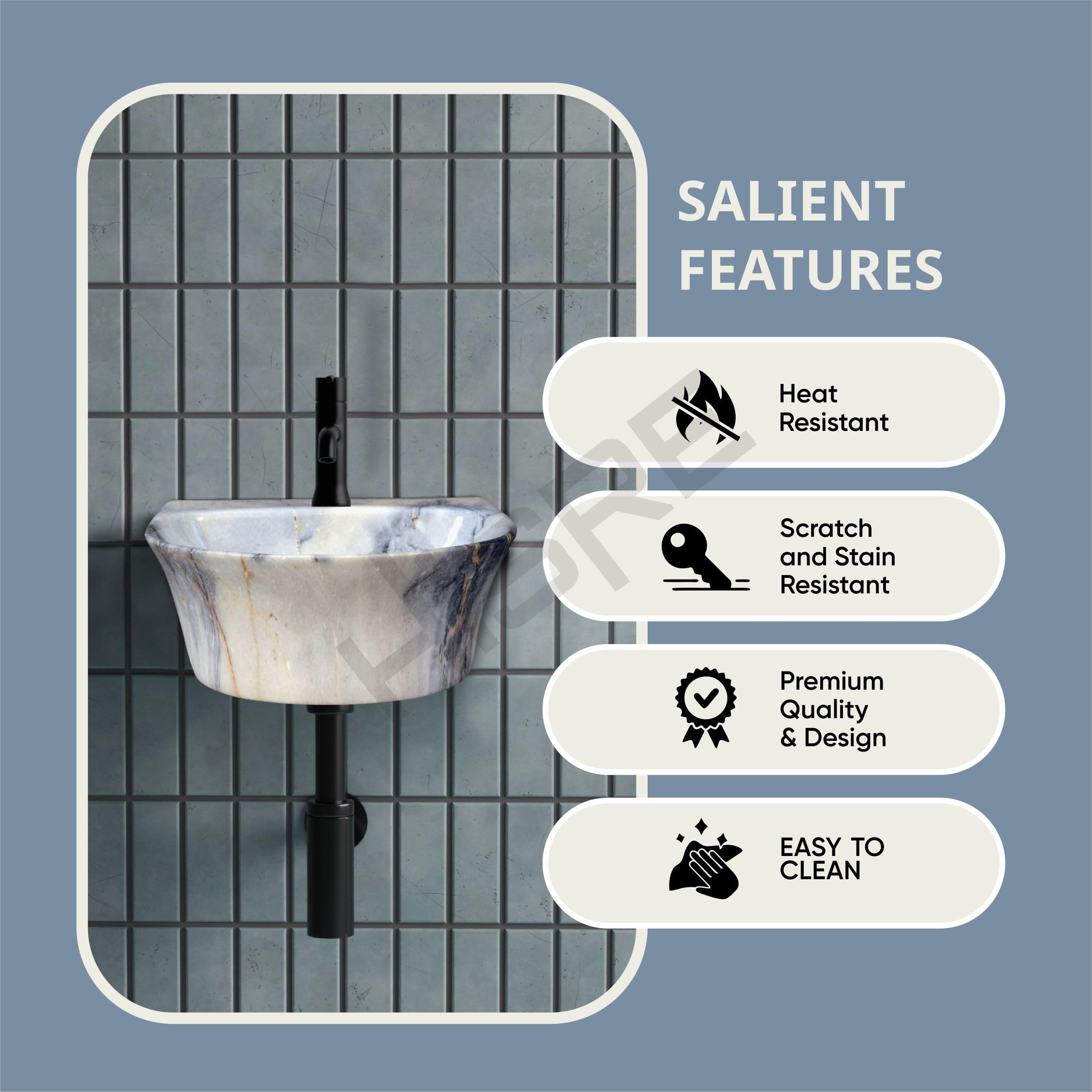 HISRE Wall Mount Wash Basin 13x14x5 Inch | Modern White and Grey-Blue Marble Design Ceramic Sink | Rectangular Bathroom Basin for Home, Office & Hotels, photo 4 of 5