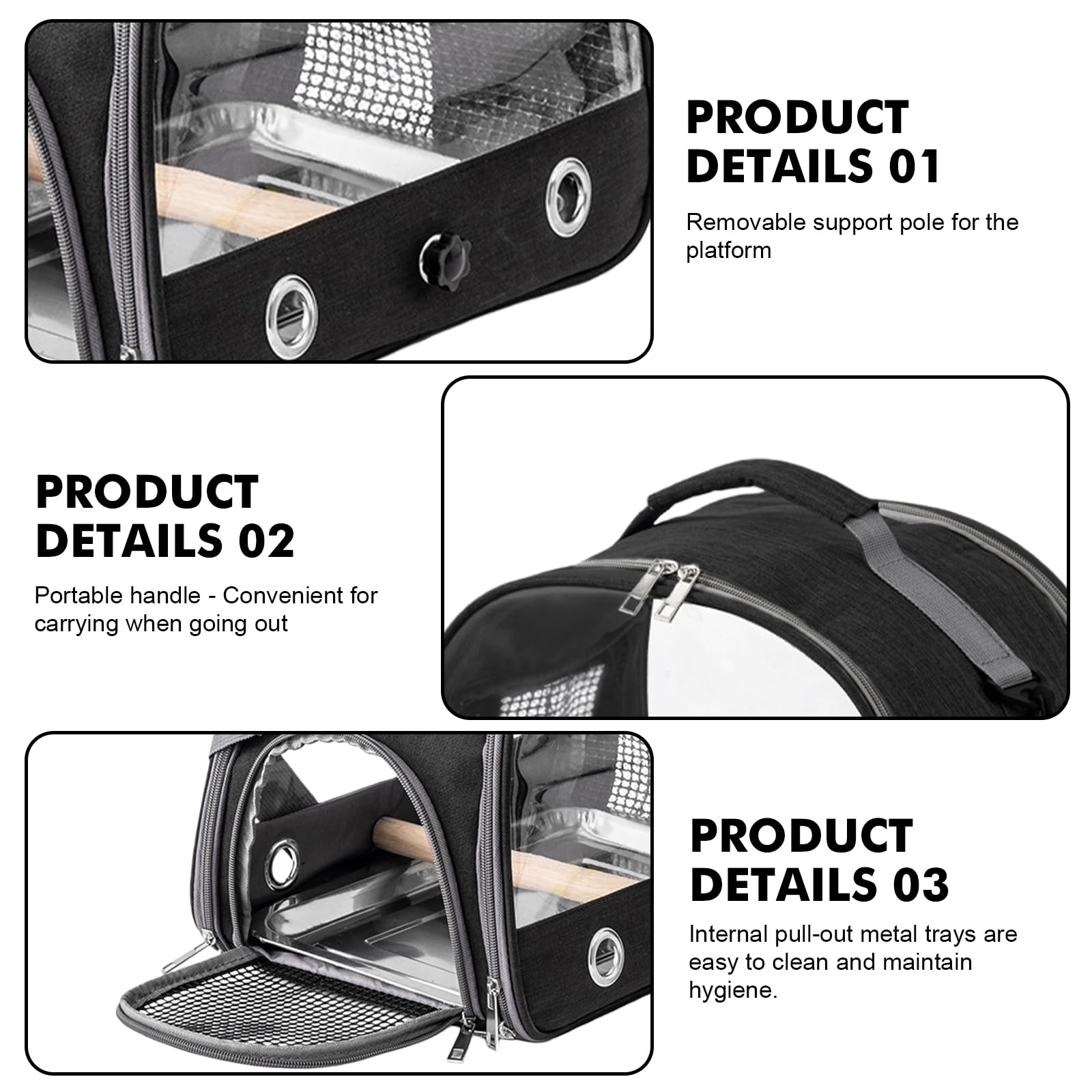 Transportbox Transportbehälter für Vögel: Rucksack für Vögel mit Sitzstange und Edelstahl Bank, leichte Atmungsaktiver Transportbox, Haustier Reisekäfig für Papageien Periquitos (Negro)