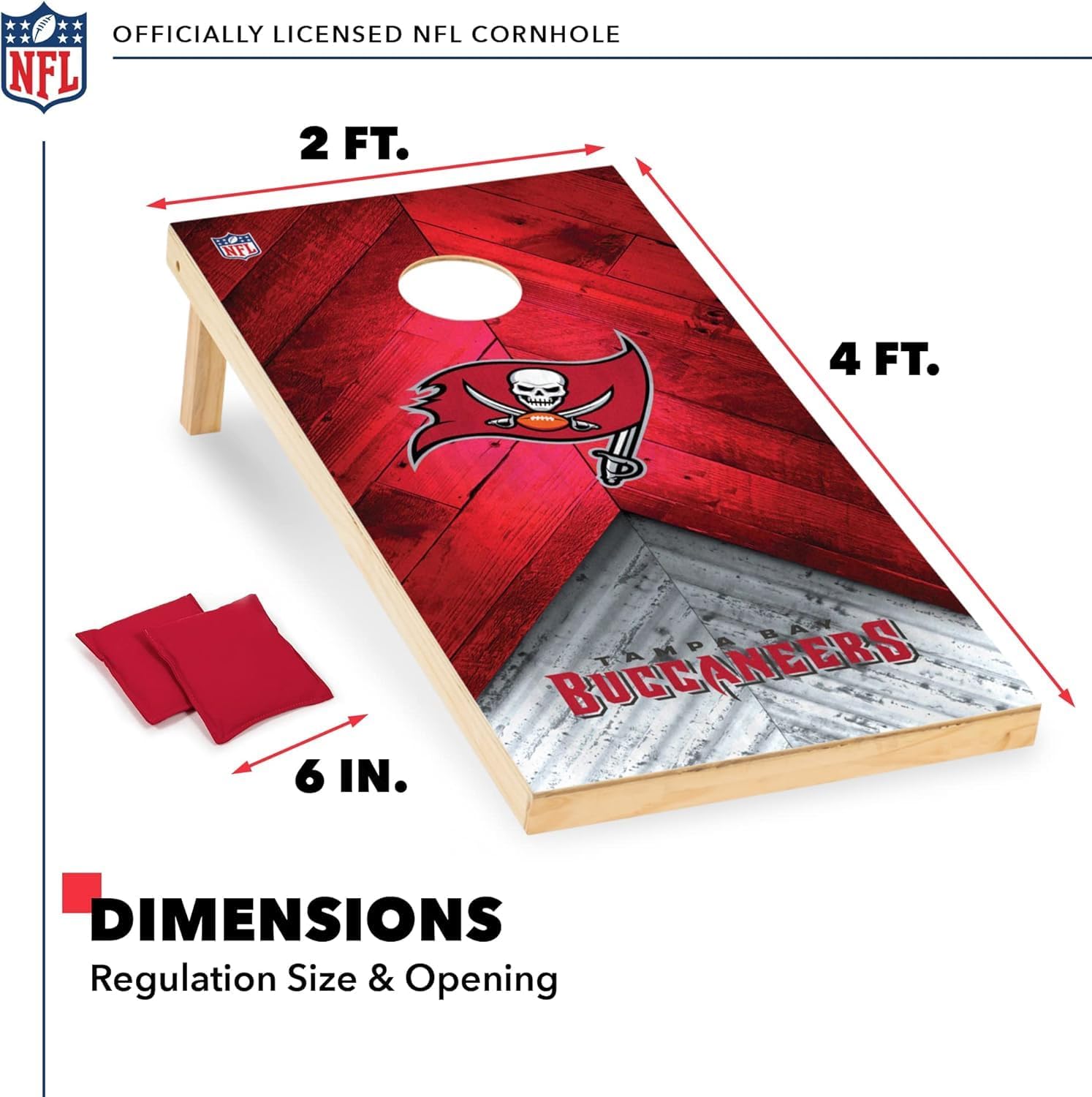 Wild Sports NFL Tampa Bay Buccaneers 2' x 4' Regulation Size Solid Wood Cornhole Set with Direct Print HD Team Graphics