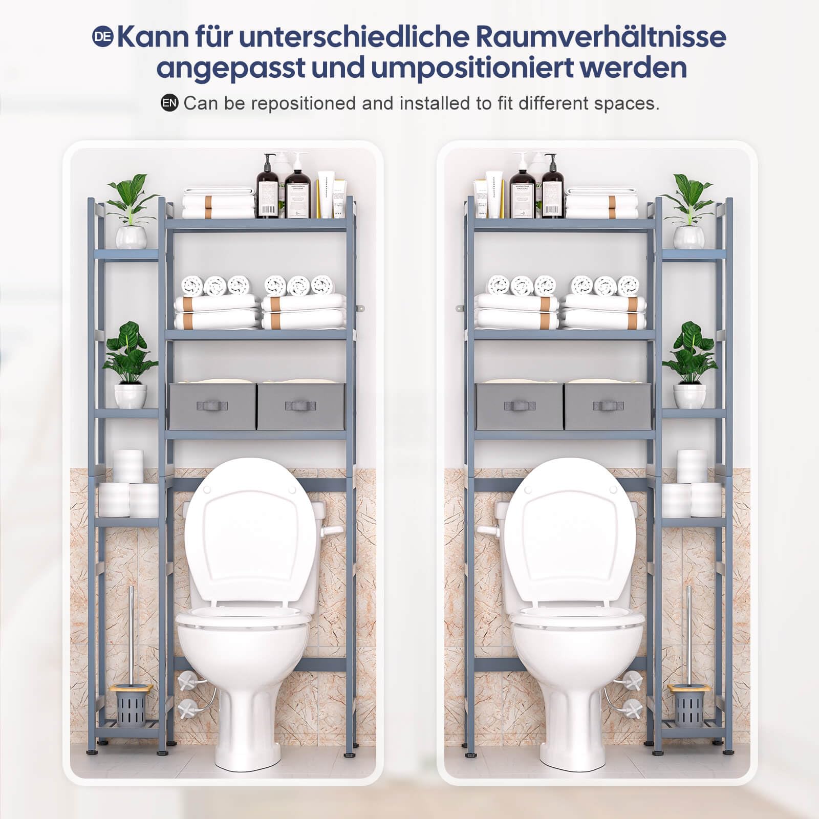 Yorbay Toilettenregal mit 2 Körben, Bambus WC Regal, 3-stöckiges Verstellbar Badregal mit Wasserdichtes Fußpolster, Multifunktional Badezimmerregal, Platzsparend, Einfache Montage (Grau)