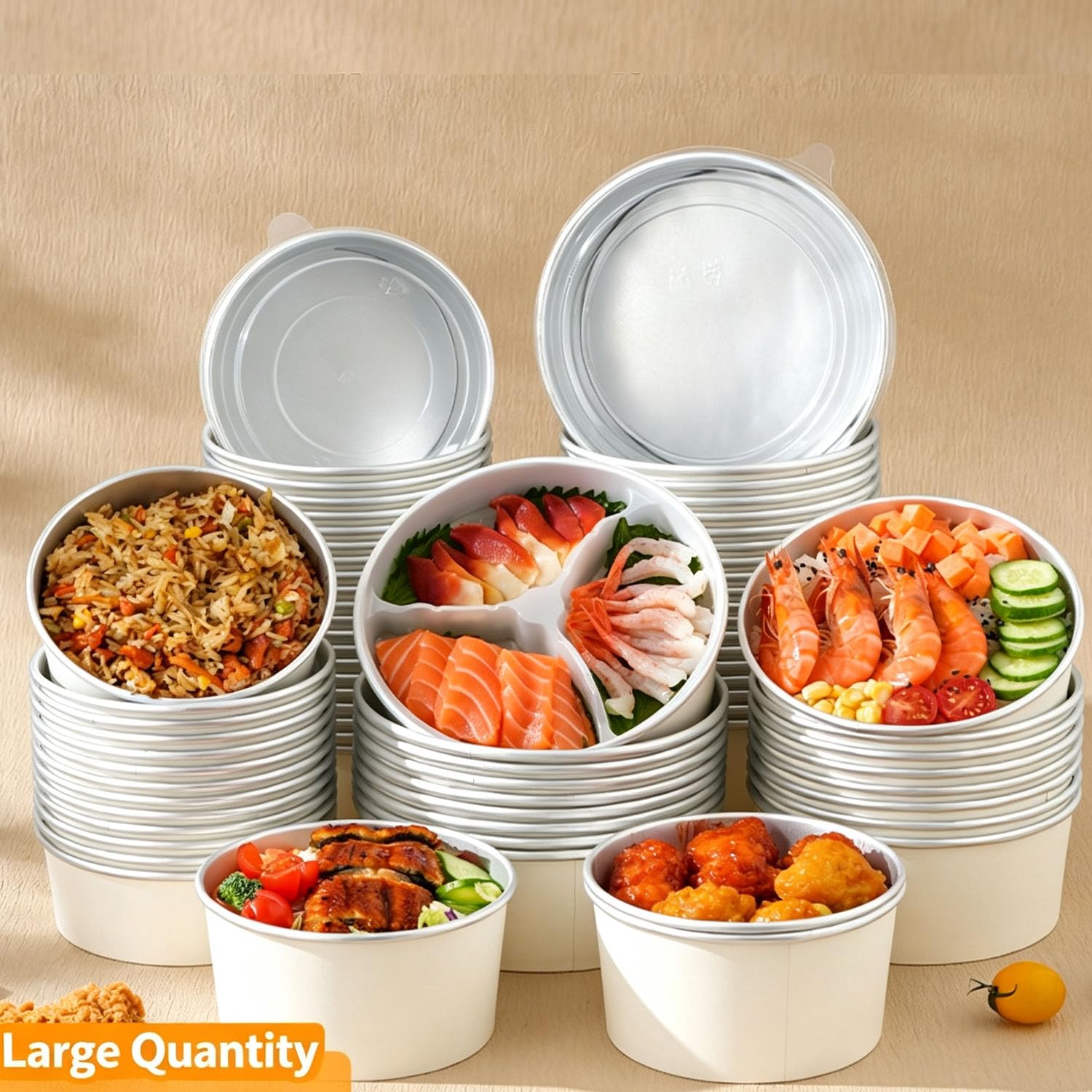 Confezione da 25 ciotole di carta usa e getta da 1500 ml, 3 sezioni, con coperchio trasparente | Contenitori da asporto a 3 scomparti, grandi, resistenti, a prova di perdite, per pasti, sushi, riso, catering