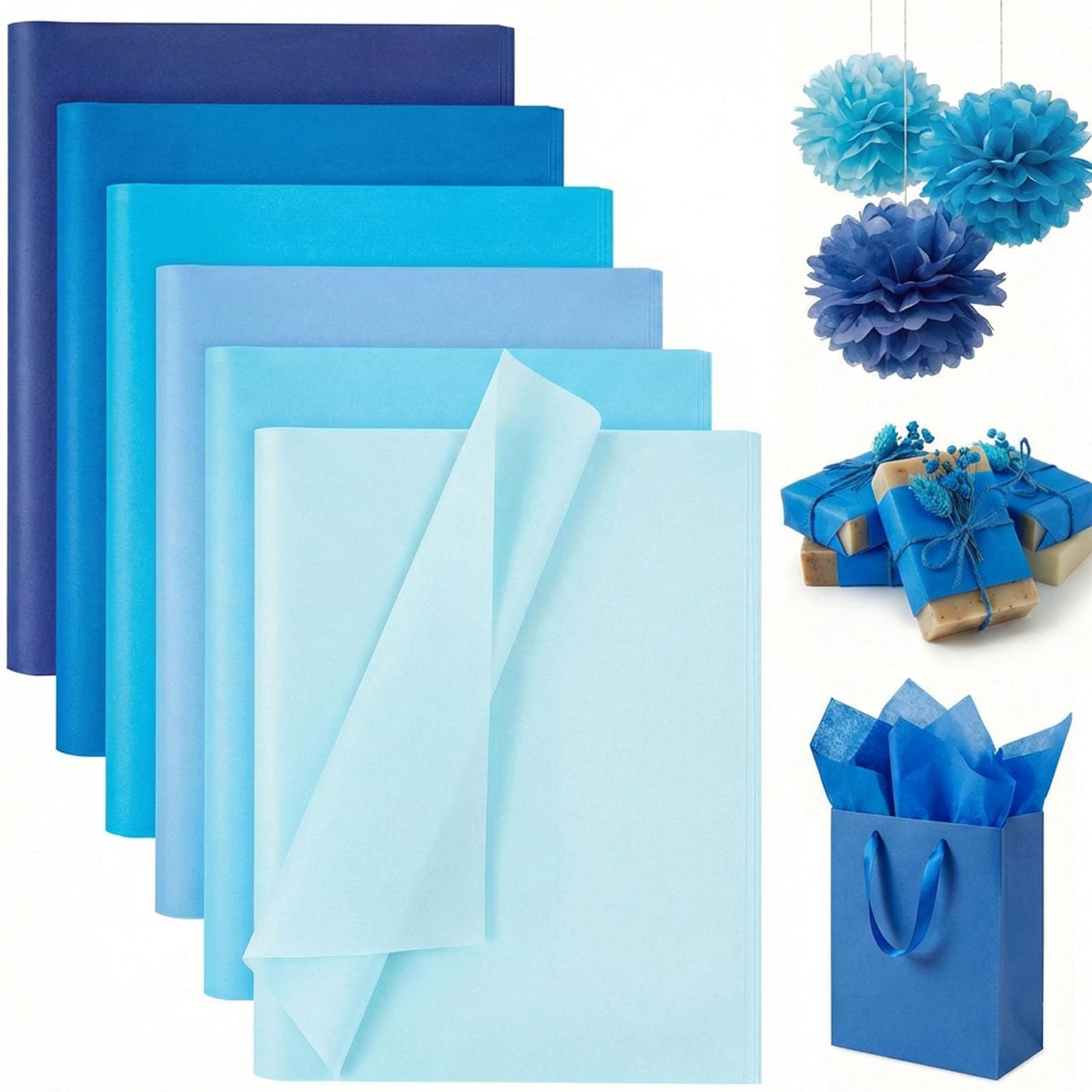 Shindel 330 Sheets Blue Tissue Paper, 14x10 Inch Gift Wrapping Tissue Paper for Gifts Bags DIY Craft Supplies Holiday Birthday Party Packaging Decor