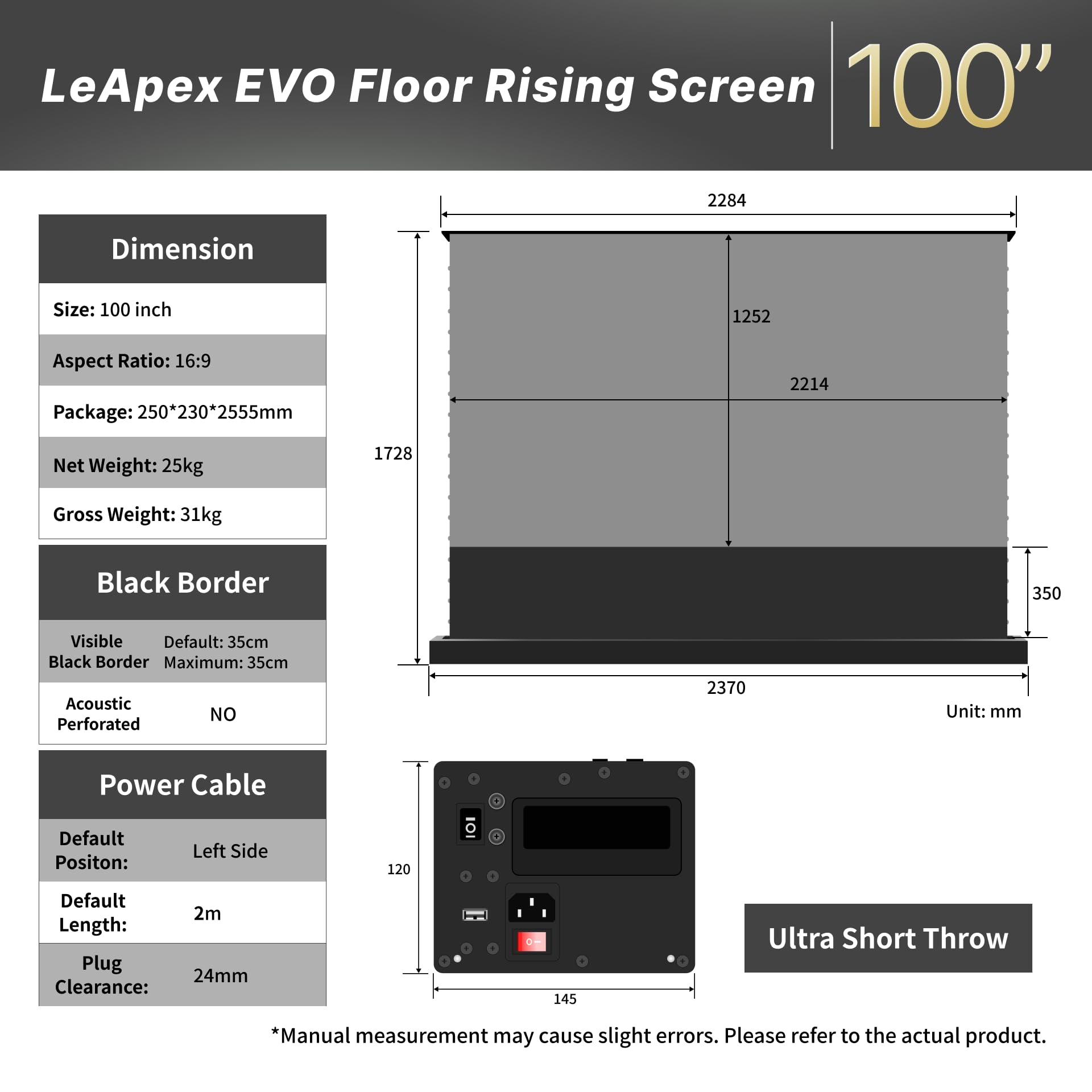 LeApex EVO Schermo Proiettore Motorizzato da Pavimento 100 Pollici, ALR CLR 95% Reiezione Luce Ambientale, Visibile anche di Giorno, per Proiettore UST, 4K/8K UHD, Home Cinema