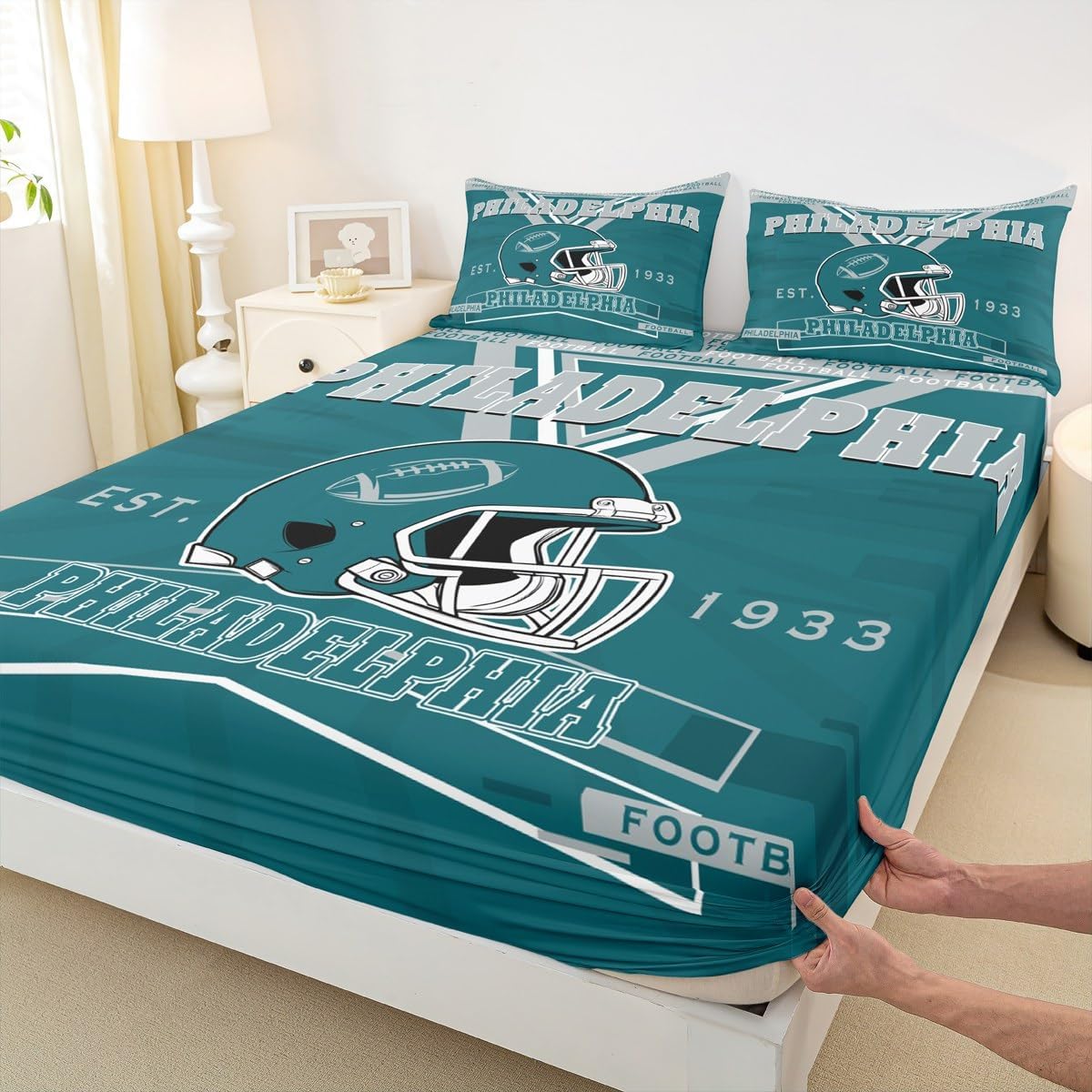Erosebridal Football Fitted Sheet Full,Rugby Bed Sheets for Football Fan,Football City Bed Set,Sports Bedding Set with 2 Pillowcases Bedroom Decor(Philadelphia)