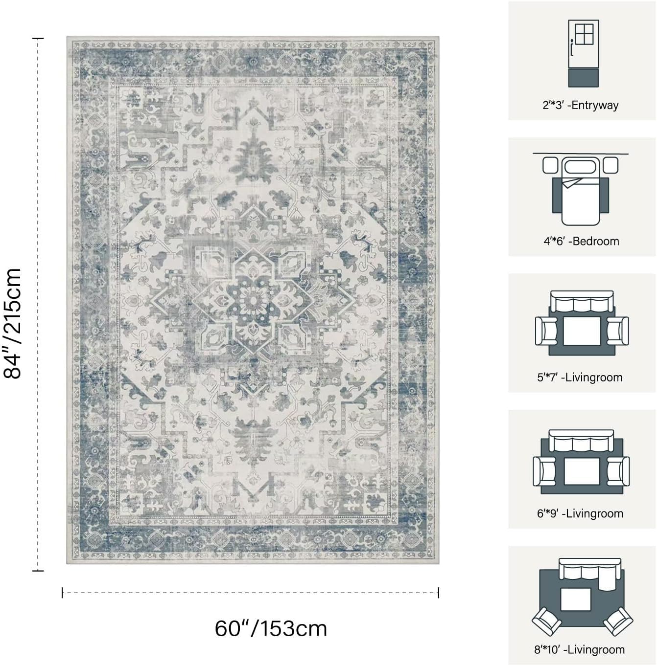 Area Rugs 5x7, Washable Rugs for Living Room, Vintage Boho Light Blue Rug for Office, Dining Room, Kids Room and Farmhouse, Durable Low Pile Non-Slip Area Rug for High Traffic Areas Blue & Grey 5' x 7' (Rectangular)