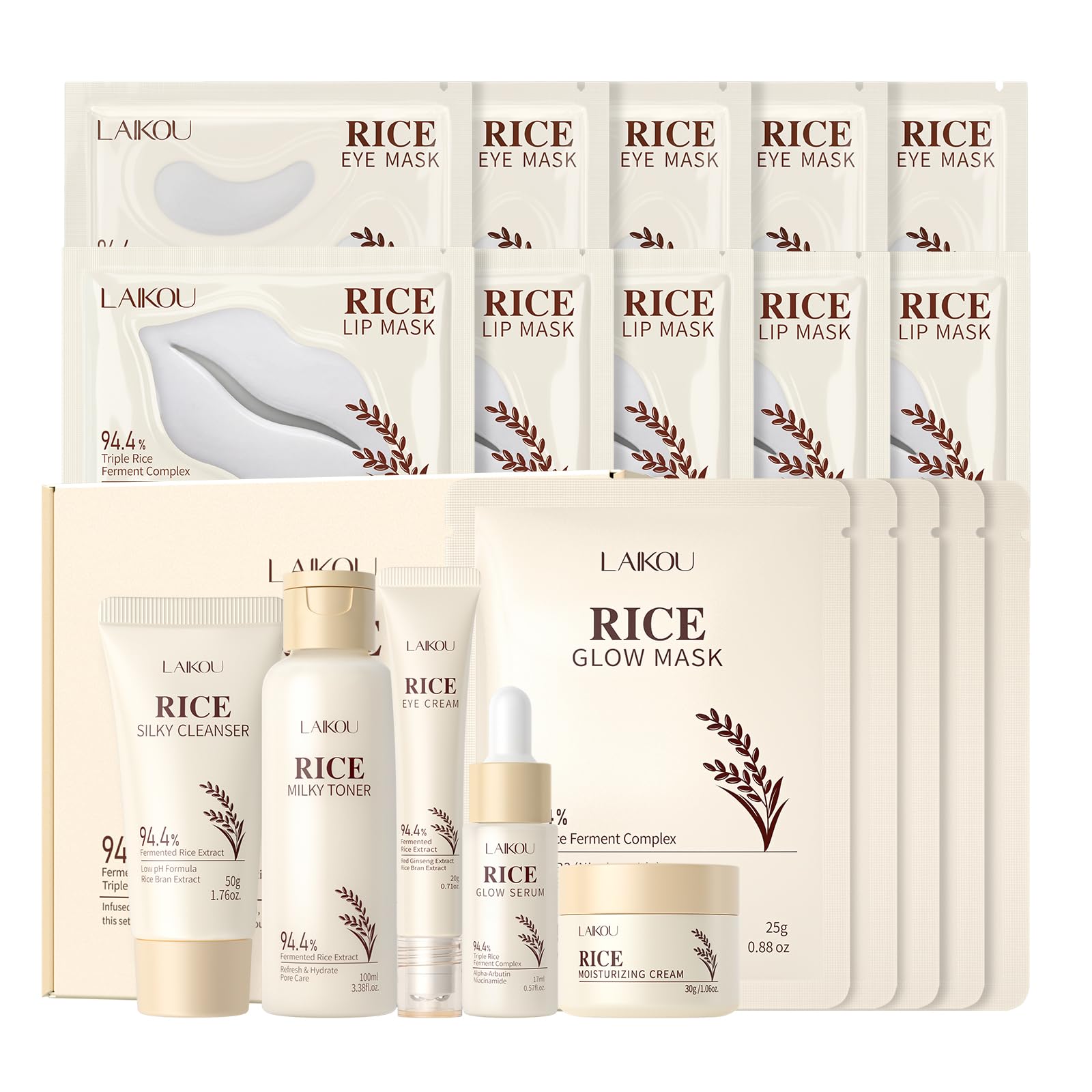 LAIKOU Korean Skin Care - Skin Care Set - Rice Skin Care with Cleanser, Toner, Eye Cream, Glow Serum, Cream - Glow Mask, Eye Mask, Lip Mask - Gentle Care for All Skin Types - Women Teen Girls