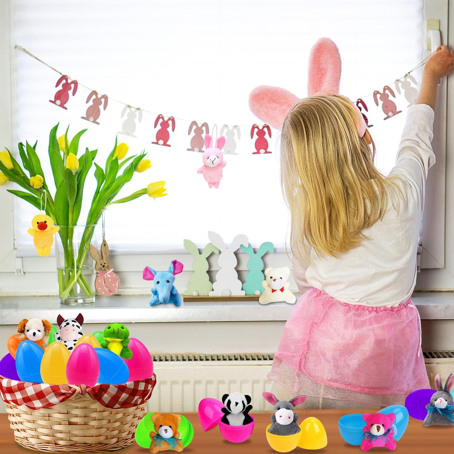 Prefilled Easter Eggs Filled with Stuffed Plush Animals Toys Inside for Easter Basket Stuffers, Easter Egg Hunt, Kids Classroom Prizes