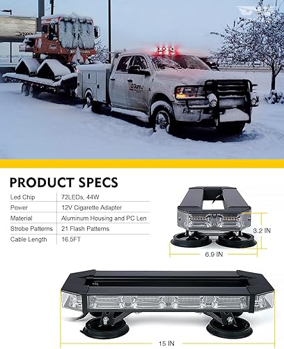 Miniatura 6 de LUMENIX Barra de luz estroboscópica de emergencia para techo de 72 luces LED con panel de control, base magnética, advertencia intermitente, barra